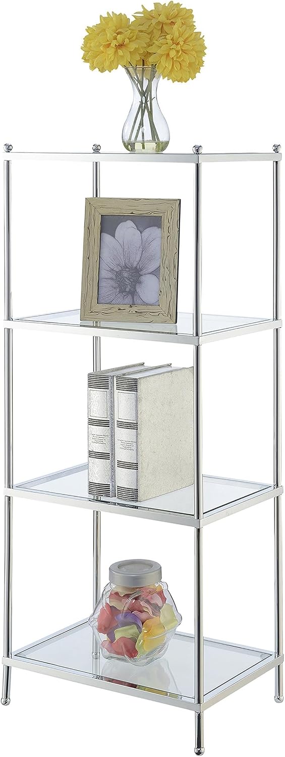 Pemberly Row Modern Four-Tier Bookcase, Chrome Metal Frame, Clear Glass Shelves, 43" H x 17.75" W x 11.75" D, Contemporary Design for Office or Living Room Storage and Display
