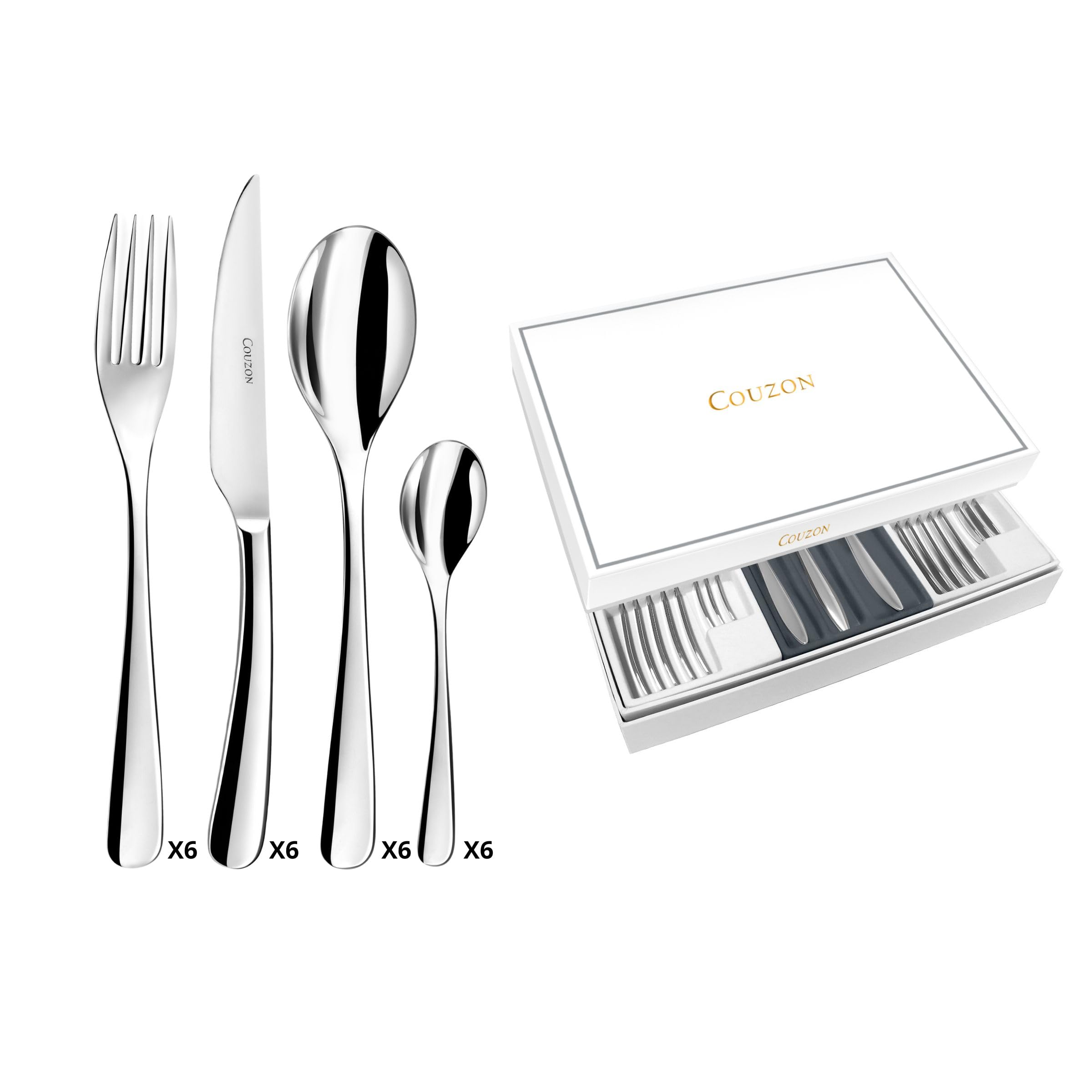 COUZON - Ménagère 24 couverts de table en coffret pour 6 personnes - Haikou - Acier inoxydable 18/10, Finition Miroir, Epaisseur 3.5 mm - Inox