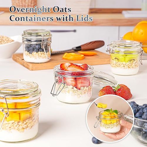 Miniatura 7 de Folinstall 7 oz Glass Jars with Airtight Lids 12 Pcs, Small Mason Jars with Hinged Lids for Kitchen Storage, Canning and Pantry, Includes 3