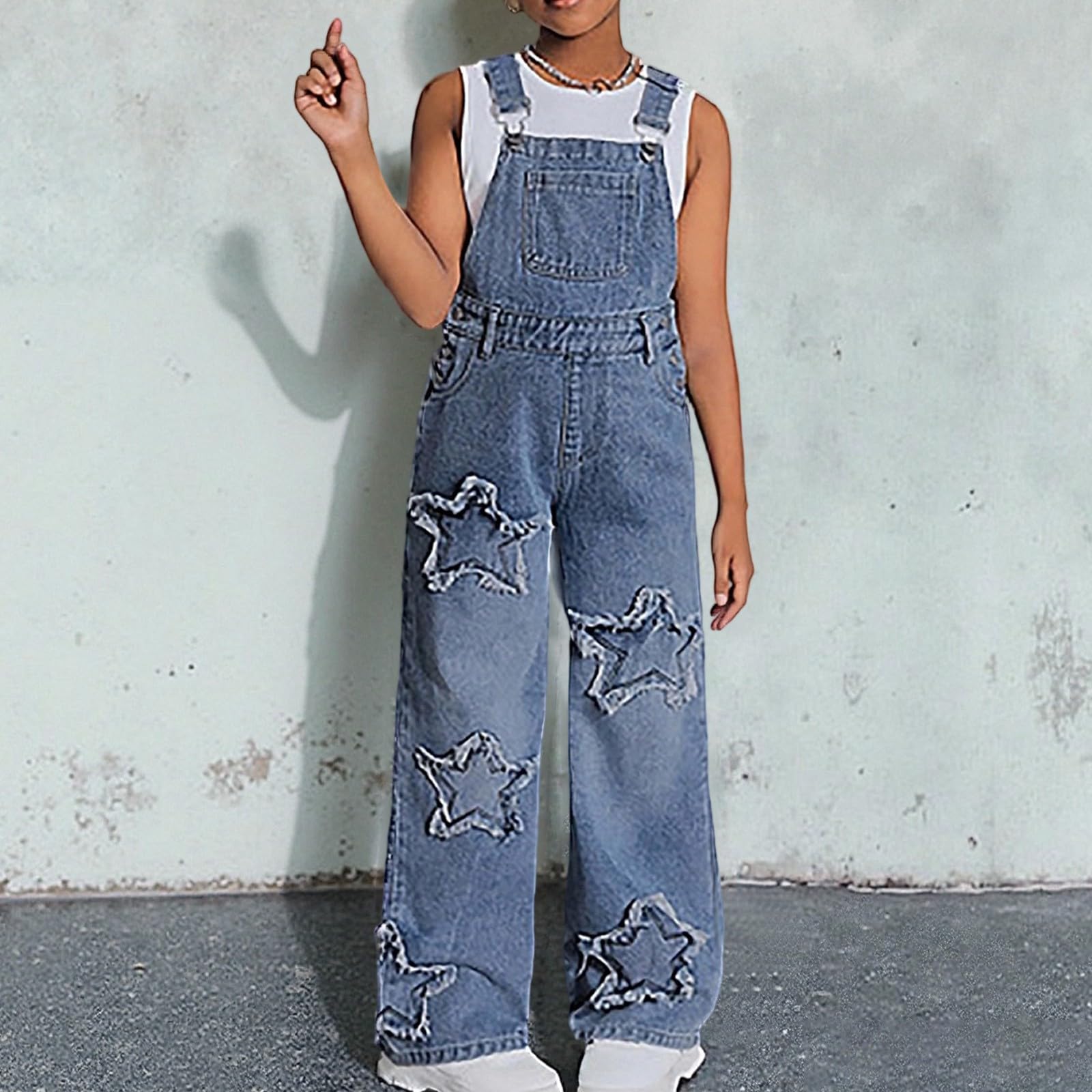 WWricotta Salopette in Jeans con Stella per Ragazze, Modello Casual a Gamba Larga con Vita Alta, Perfetta per Adolescenti, Outfit Comodo per Estate e Autunno, Denim Morbido/A