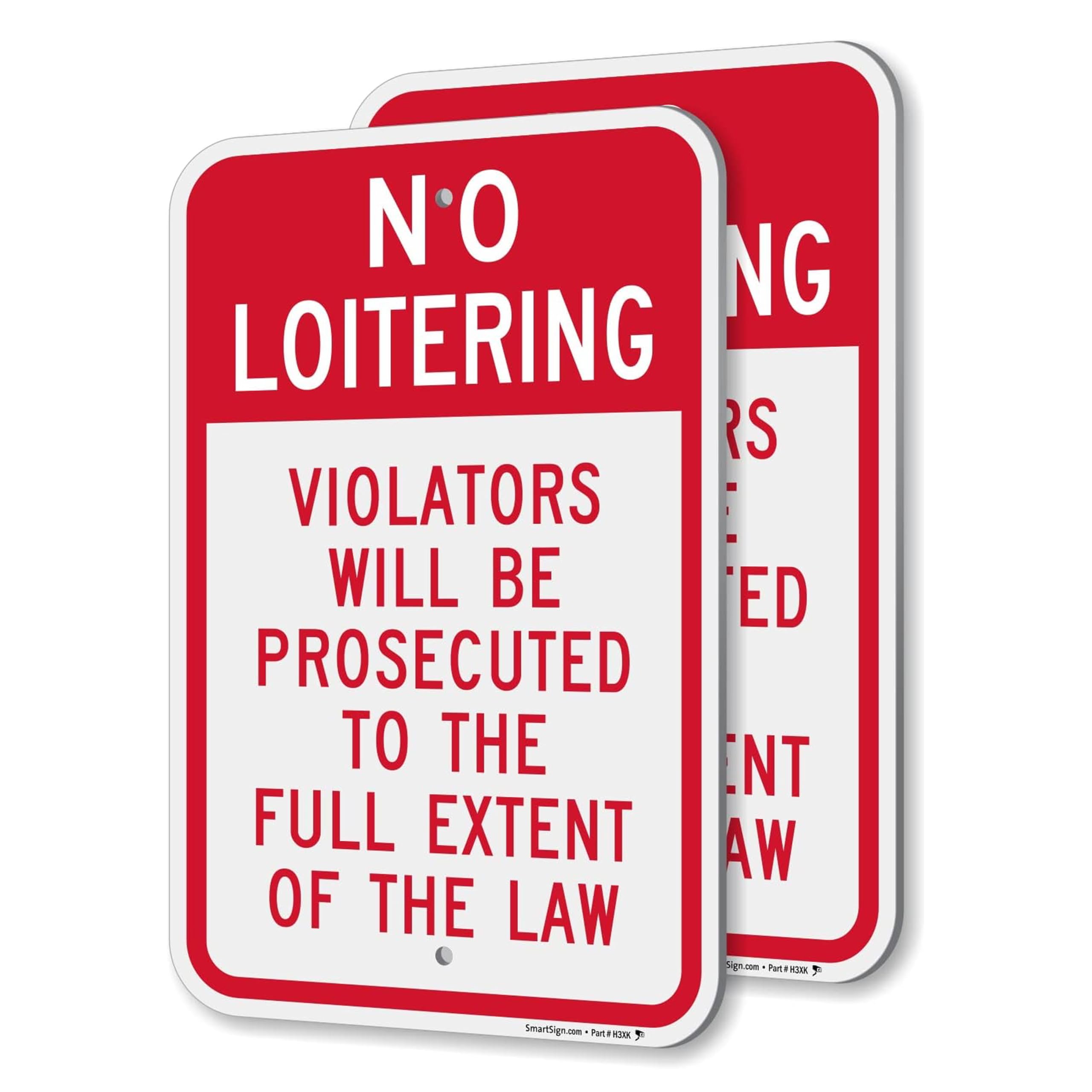 SmartSign No Loitering Violators Will Be Prosecuted Sign - 2 Pack, 18 x 12 inch, 2mm Thick Aluminum Composite, Red and White, Made in USA