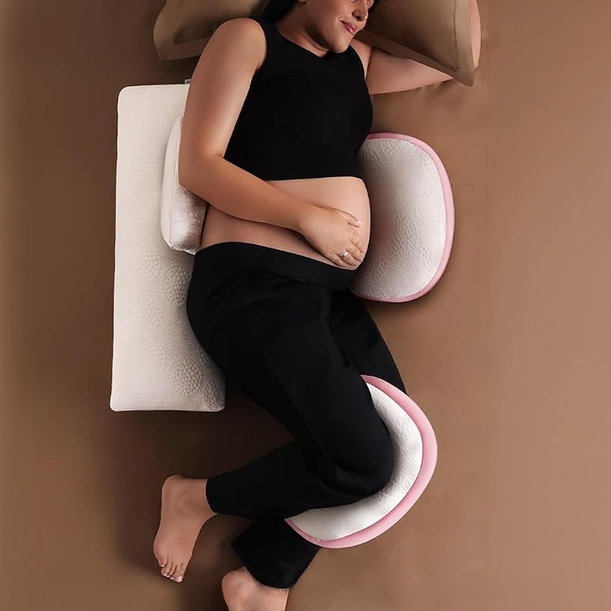 frido maternity pillow bundle plus for pregnant women, full body pregnancy pillow set for belly, back, hip & knee support, adjustable side sleeping comfort system, washable cover, baby pink