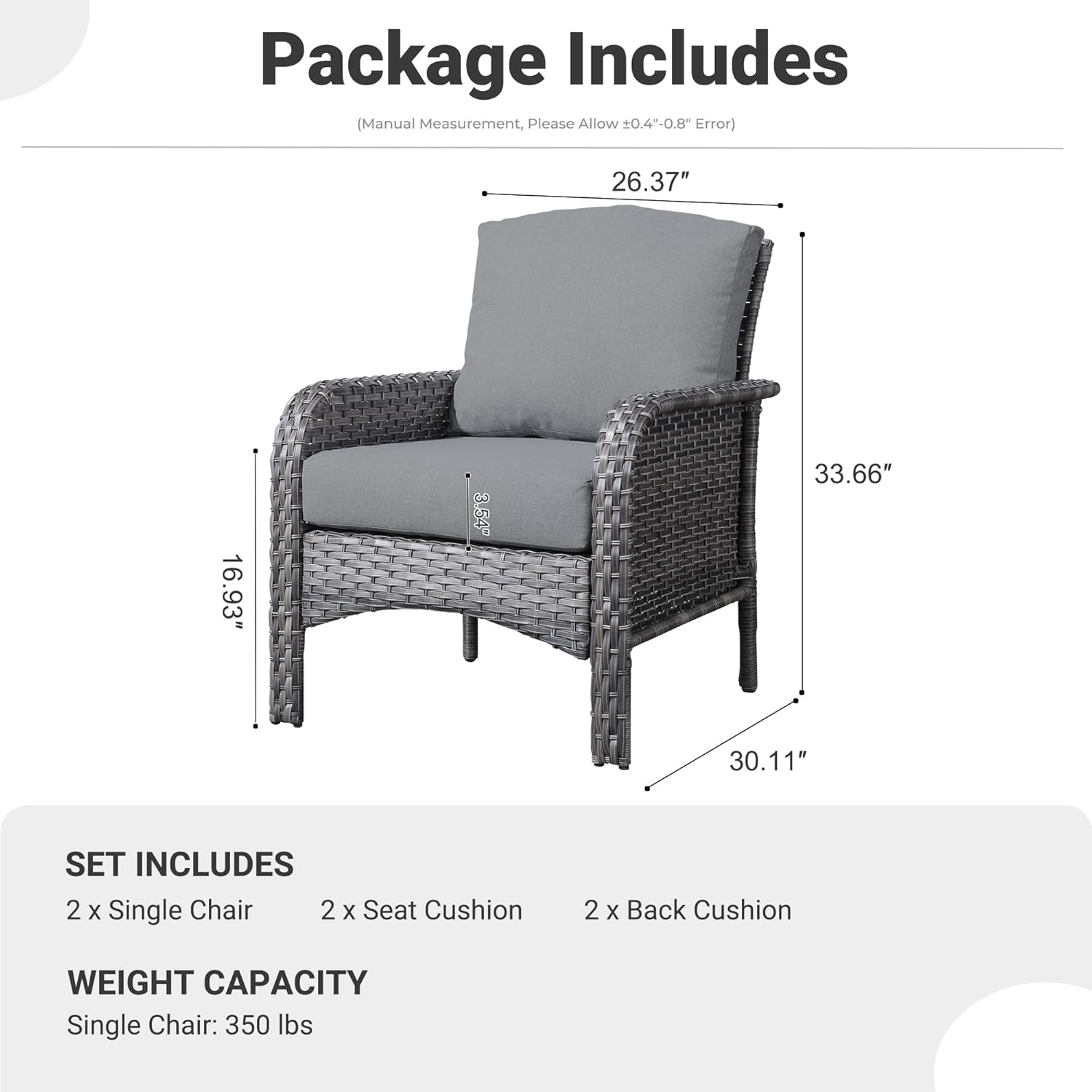 ovios 2-Piece Patio Furniture Set, Outdoor Wicker Sofa with Chairs, High Back Rattan Chair with Comfy Cushions for Porch Yard Deck, Dark Grey