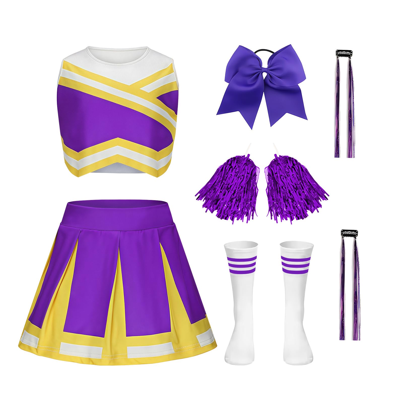 Luckyou Costume Cheerleader per Bambina Vestito Cheerleader Bambina con parrucca brillante, pompon e fiocco per Carnevale Halloween Fancy Dress Up - 2