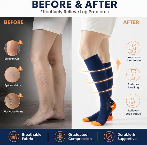 BISOUSOX Compression Socks for Men and Women 15-20 mmHg Knee High Sports Support Socks for Running & Tranning & Cycling 2 Pairs Compression Stockings for Flying,Pregnancy,Hospital