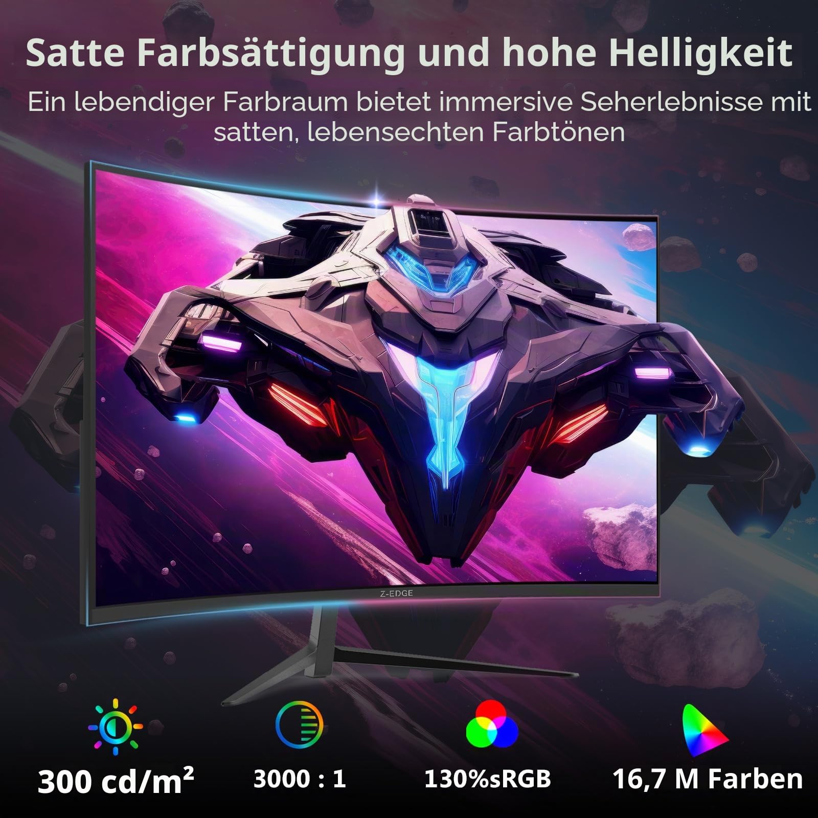 Z-Edge 24 Zoll Curved Gaming Monitor 200Hz 1ms VA 1080P 130% sRGB HDMI DP | Gebogener Bildschirm 16:9 Full HD 1920x1080, 300cd/m² Helligkeit, 3000:1 Kontrast, FreeSync, Fadenkreuz, Schwarz