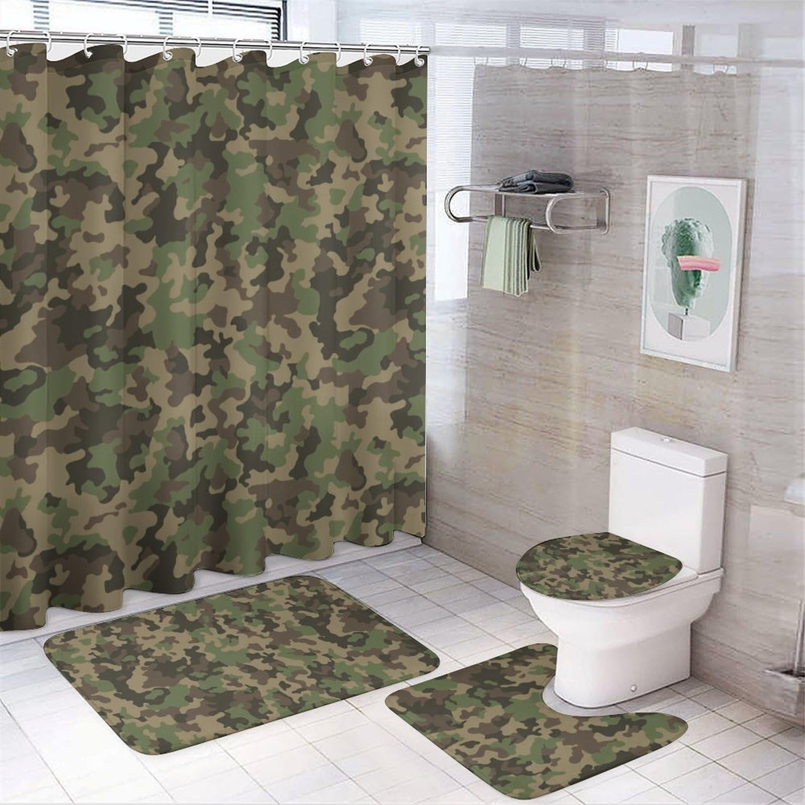 JiuPopular Bathroom Mat Set 4 Piece, Green Camo Shower Curtain with Non-Slip Bath Mats for Bathroom