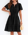 BTFBM Womens Spring 2026 Casual Mini Dresses Lightweight Short Sleeve V Neck Elastic Waist Cute Boho Beach Dress Pockets