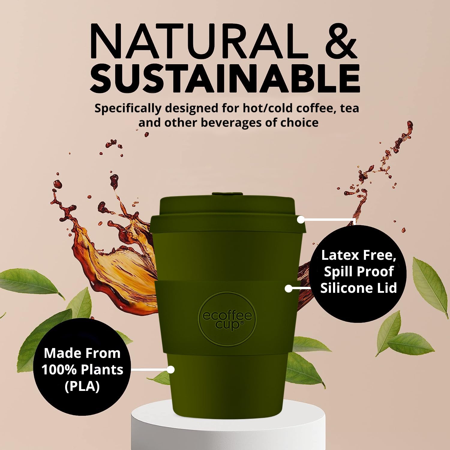 Ecoffee Cup 8oz 240ml Reusable Eco-Friendly 100% Plant Based Coffee Cup with Silicone Lid & Sleeve - Image 3