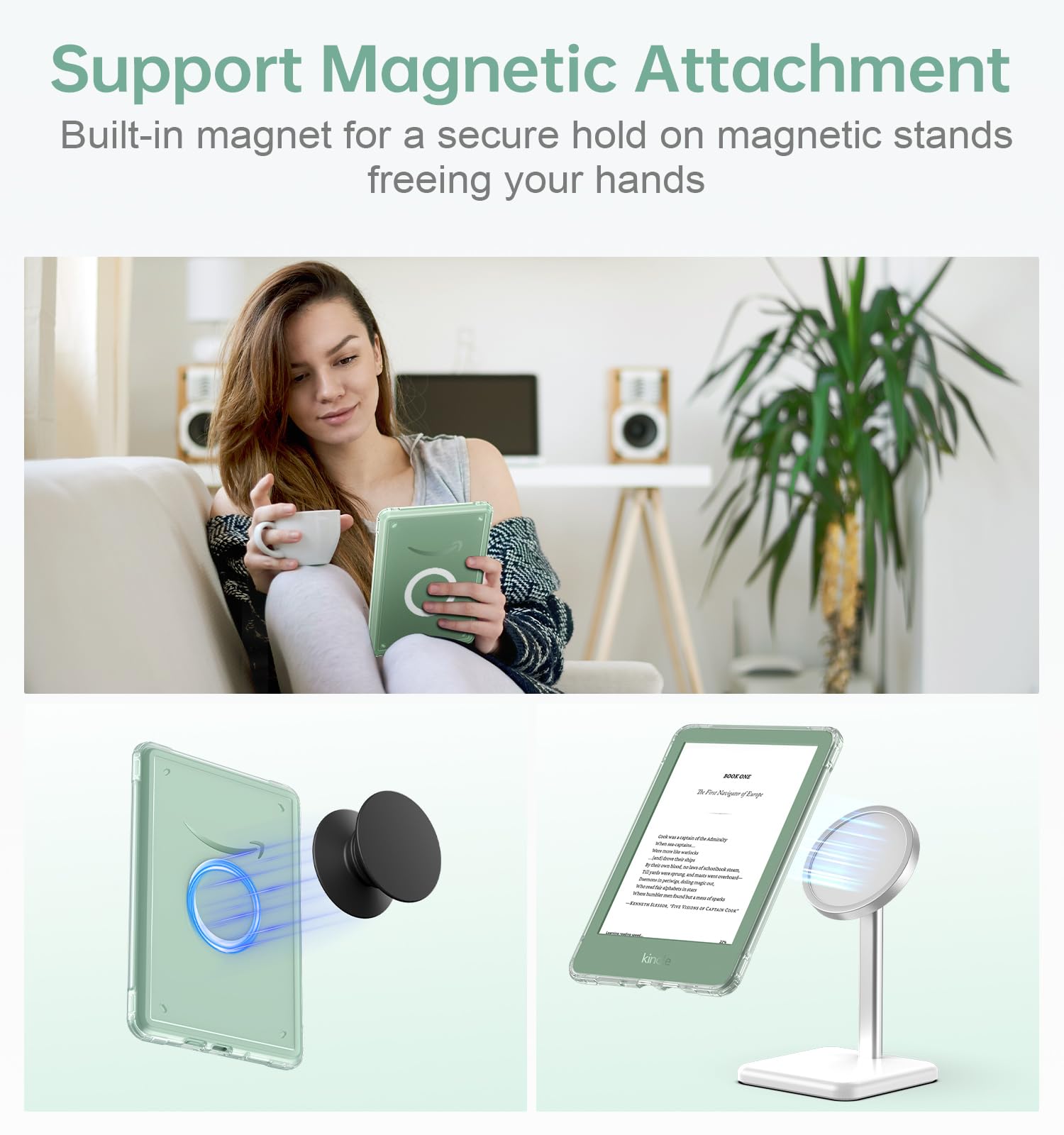 MoKo 360° Rotating Case for 6" All-New Kindle (11th Generation-2024/2022 Release), Clear Back Detachable Magnetic Protective Adjustable Stand Cover with Auto Wake/Sleep, Agave Green - 5