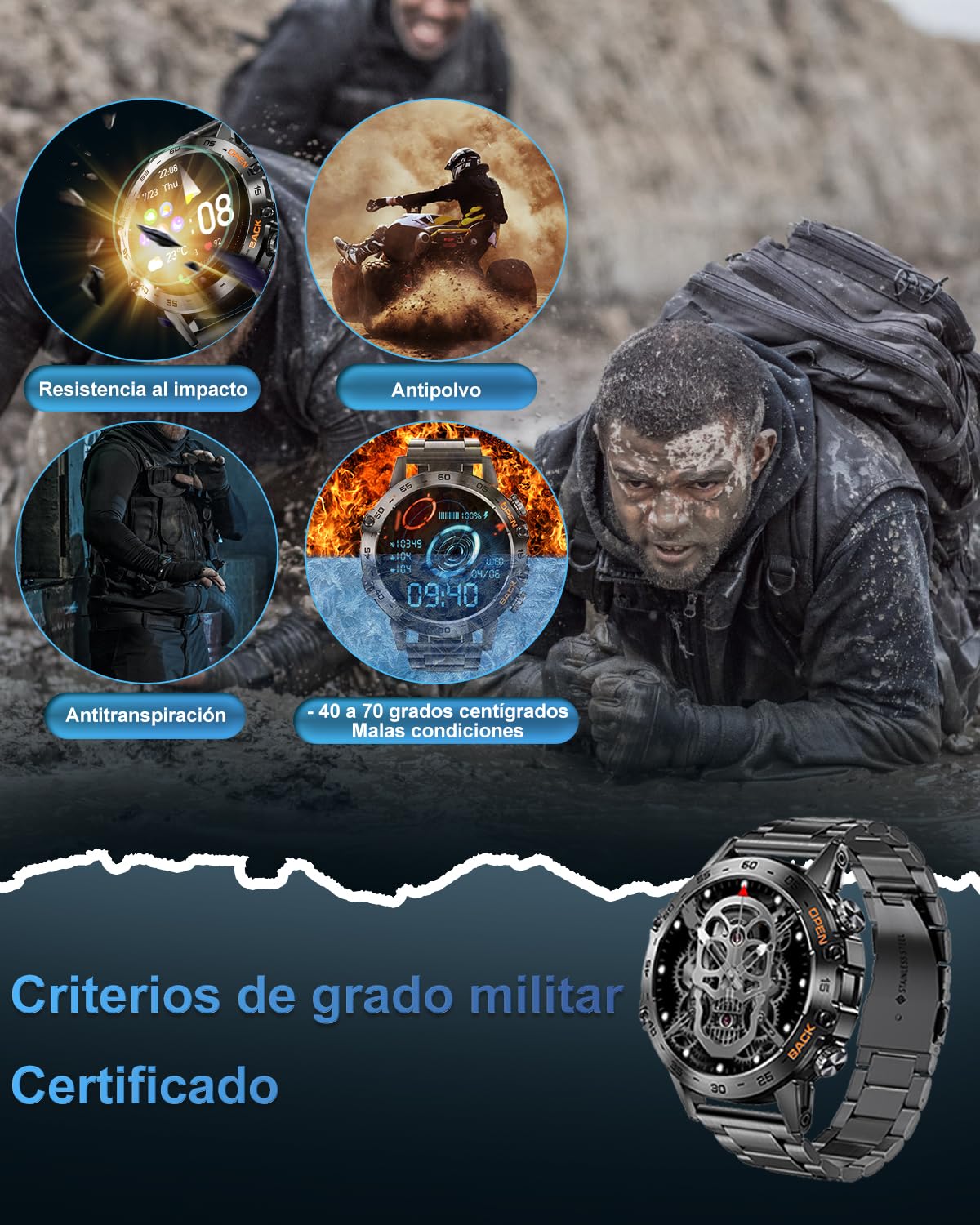 Reloj inteligente militar para hombres, reloj táctico resistente de 1.39" con monitor de salud, rastreador de actividad con 108 modos deportivos para Android e iOS.