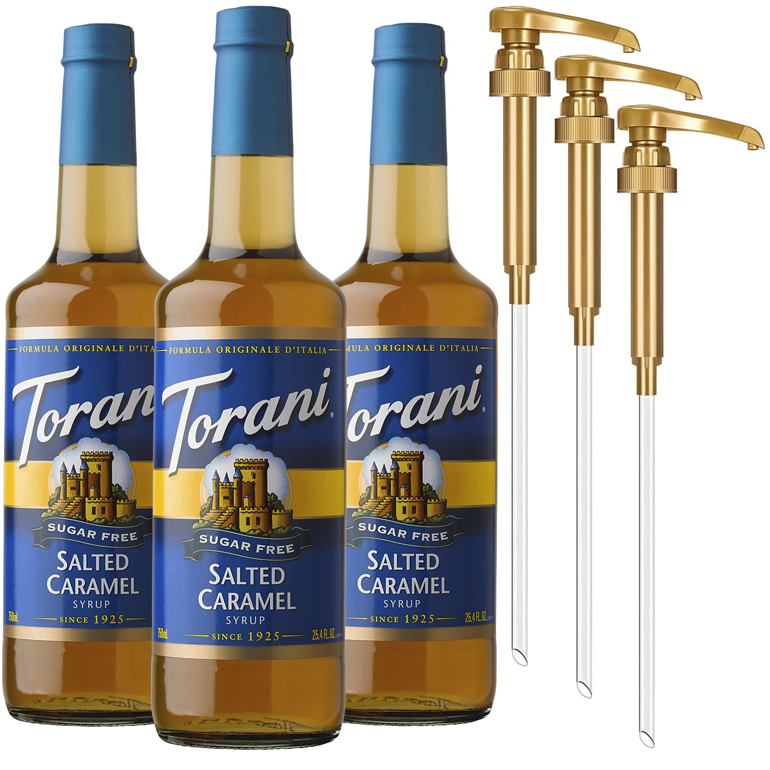 ToraniSugar Free Coffee Syrup, Salted Caramel 3-Pack, Zero-Calorie Flavoring for Drinks, Pumps Included, 25.4 Fl Oz Ea