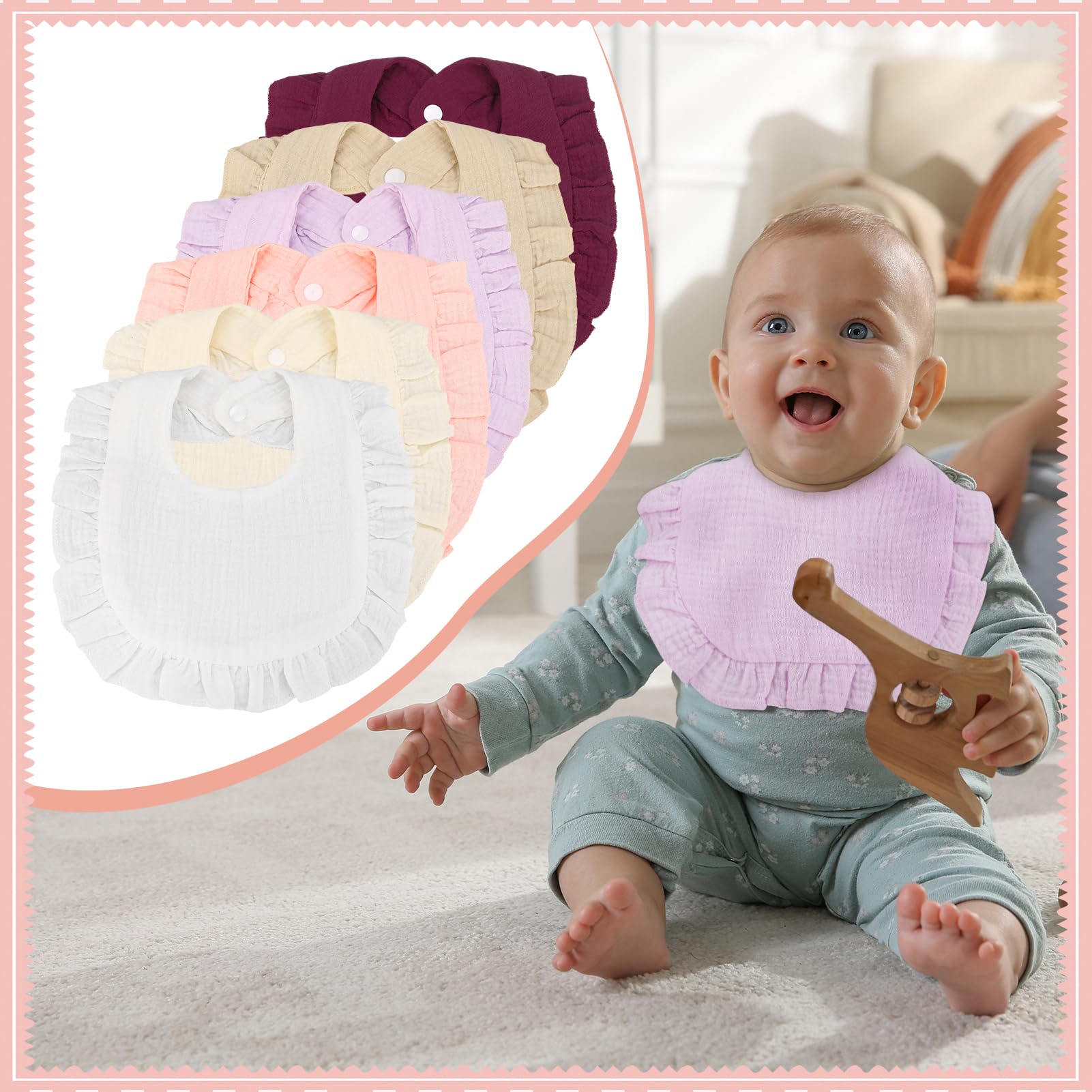 GSrenyu 6 Pcs Baby Bibs Muslin Dribble Bibs Baby Teething Bib with Adjustable Snaps Soft and Absorbent for Newborn Toddlers Aged 0-24 Months - Image 4