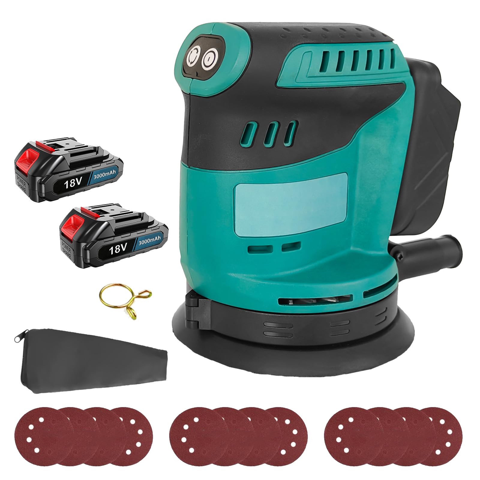 Akku Exzenterschleifer 125mm, Ersatz für Makita DBO180Z, Bürstenloser Akku Schleifer mit 2x 18V 3000mAh Akku und Ladegerät, 12X Schleifpapier(P120/P180/P240), 3 Leistungsstufe, zum Schleifen Polieren