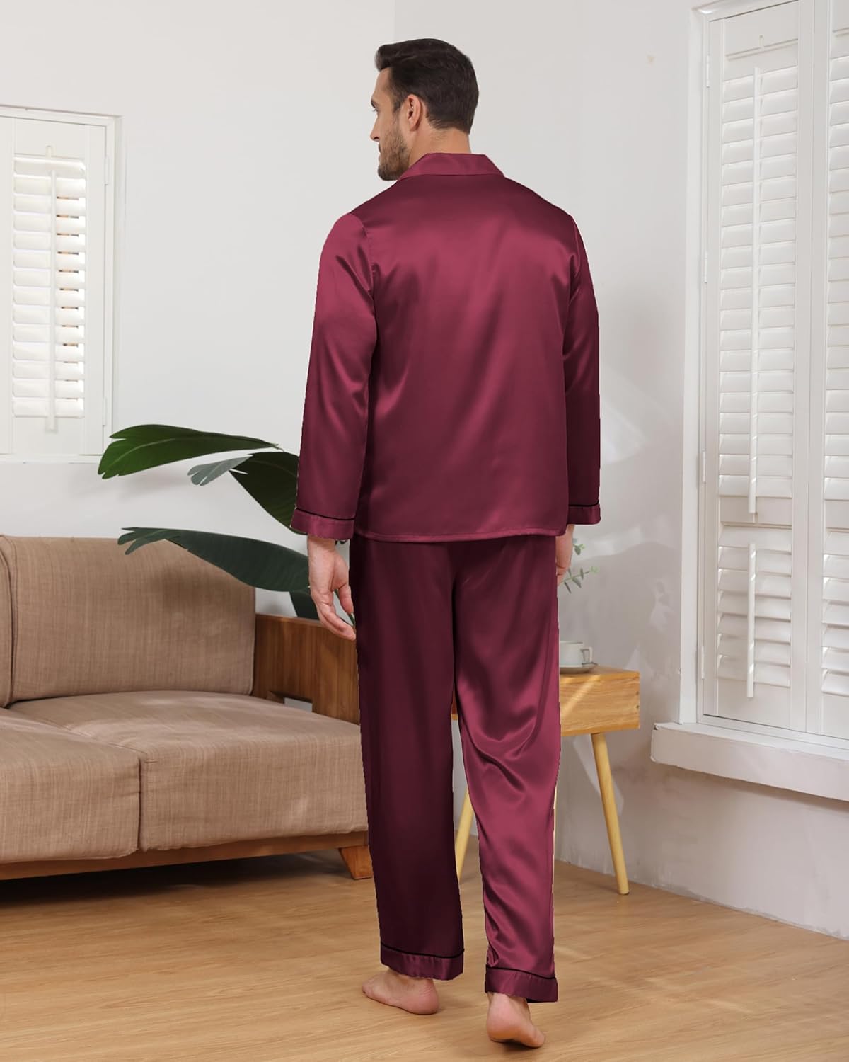 Mens Silk Pajama Set Satin Pajamas Set for Men Long Sleeve Button-Down Sleepwear Loungewear with Pants - Image 5