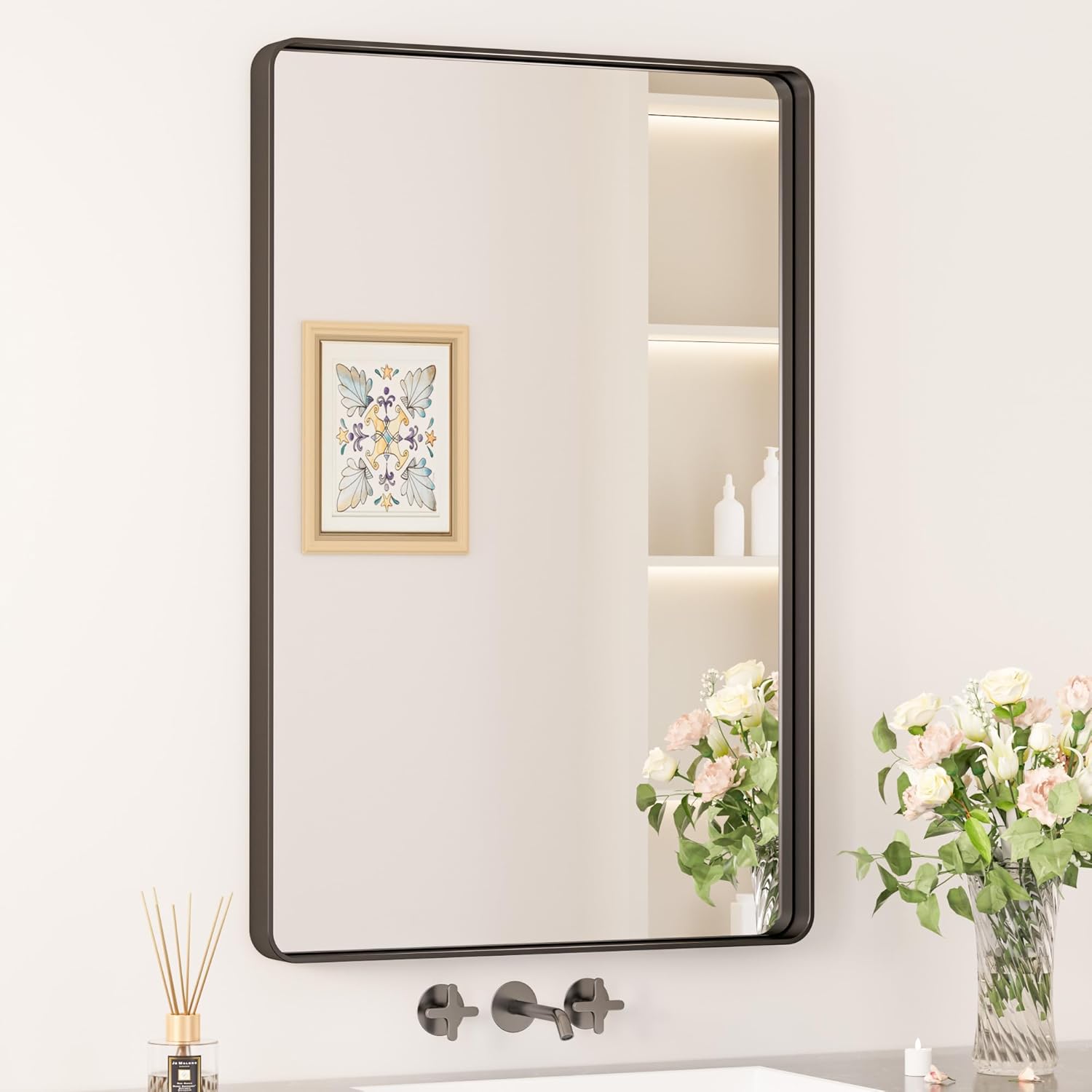 Keonjinn Black Bathroom Mirror for Vanity 24 x 36 Inch Metal Framed Wall Mirror Matte Black Rounded Rectangle Farmhouse Mirror, HD Tempered Glass, Wall-Mounted Decorative Mirror(Horizontal/Vertical) Matte Black 36"L x 24"W