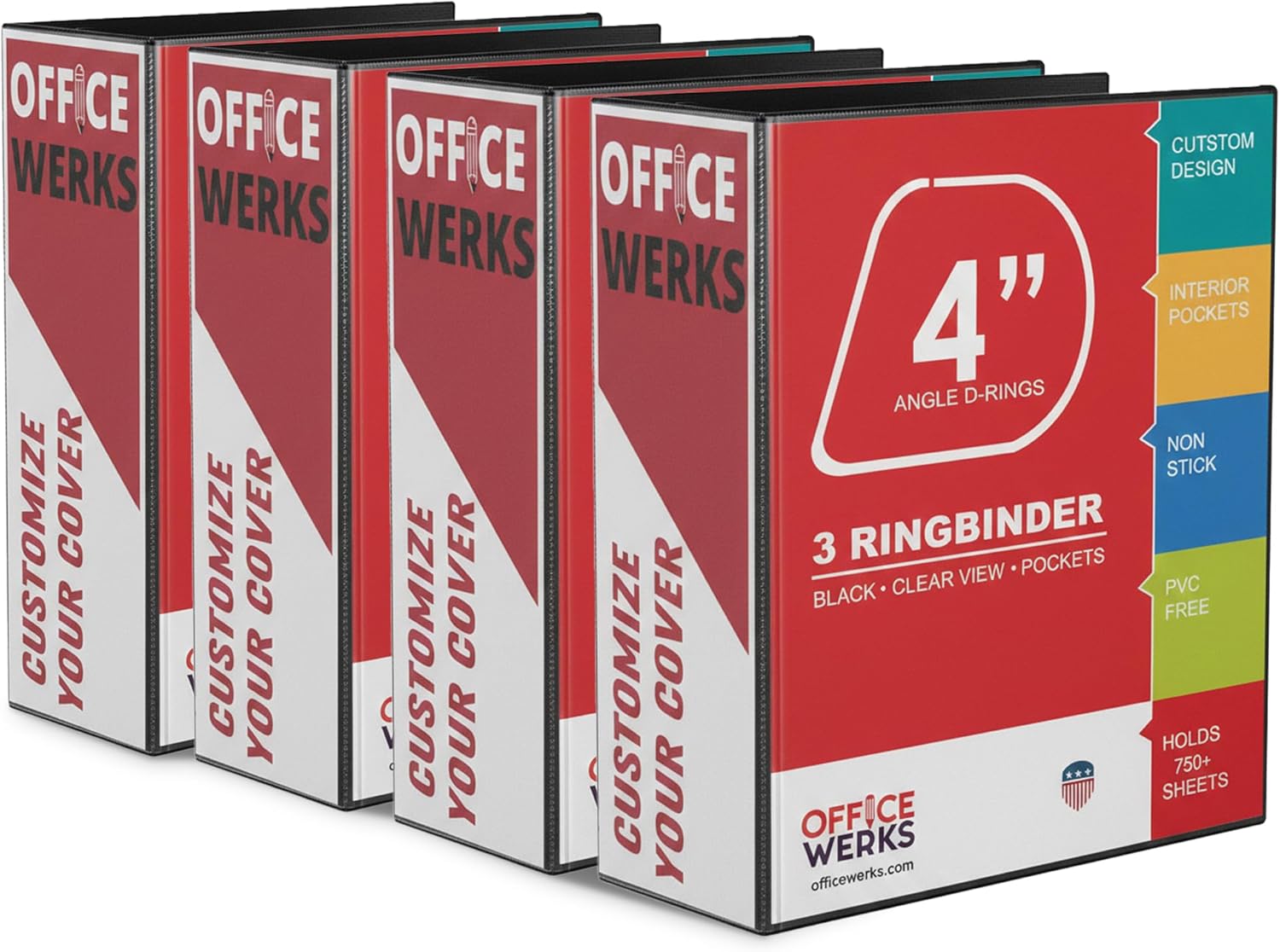 4 Inch D-Ring Binder, 3 Ring Heavy Duty (4 Pack) - Holds 800 Sheets, Crystal Clear View Presentation Binder with 2 Pockets for 8.5x11 Paper, Black, Assembled in USA - Performore