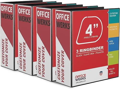 Carpeta de anillas en D de 4 pulgadas, 3 anillos resistentes (paquete de 4) – Capacidad para 800 hojas, carpeta de presentación transparente con 2