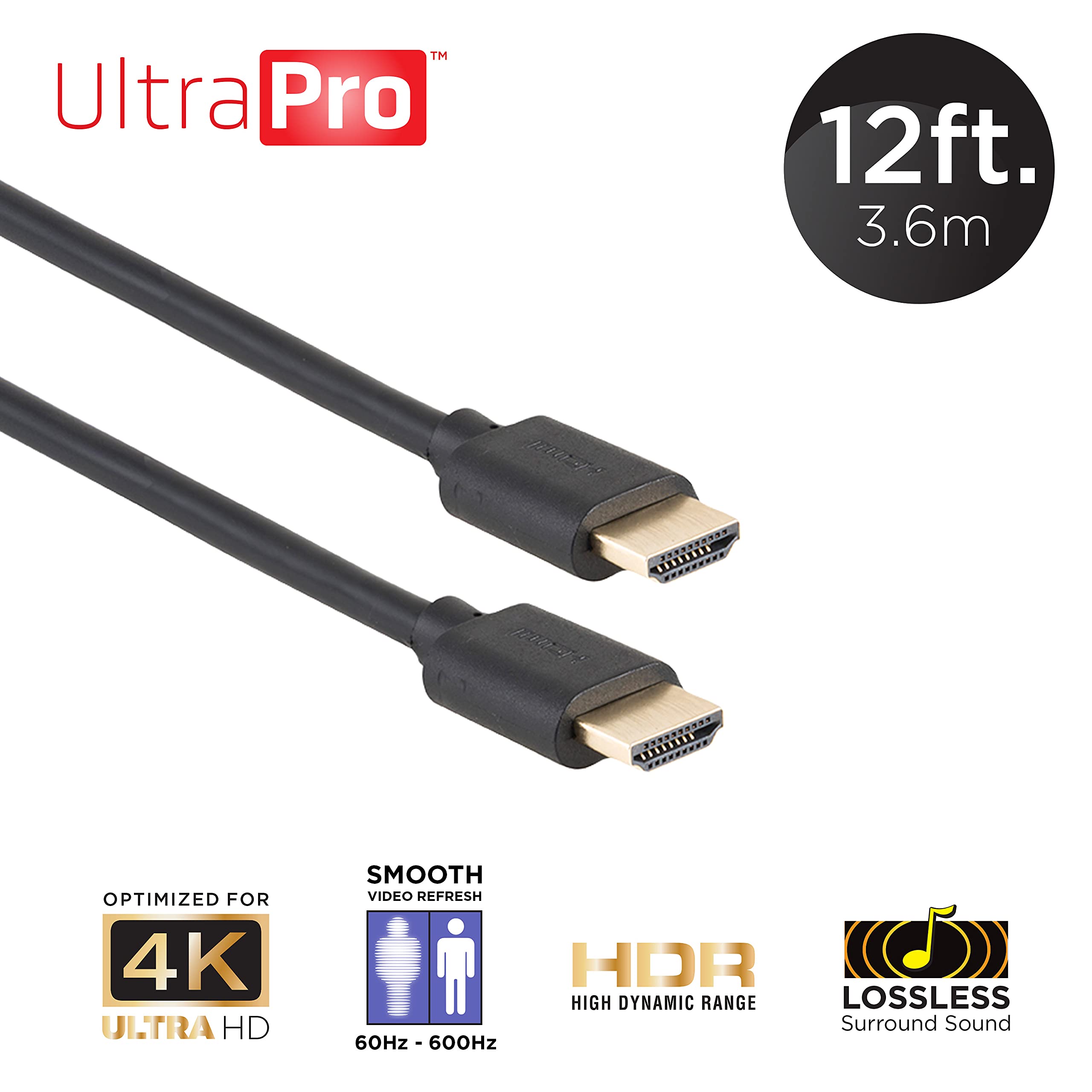 UltraPro Cable HDMI 4K, 12 pies de alta velocidad, 4K 1440p 1080p 10.2Gbps Ethernet, conectores dorados, para transmisión, juegos, PS4 PS5 Xbox One Series X TV, satélite, 52145