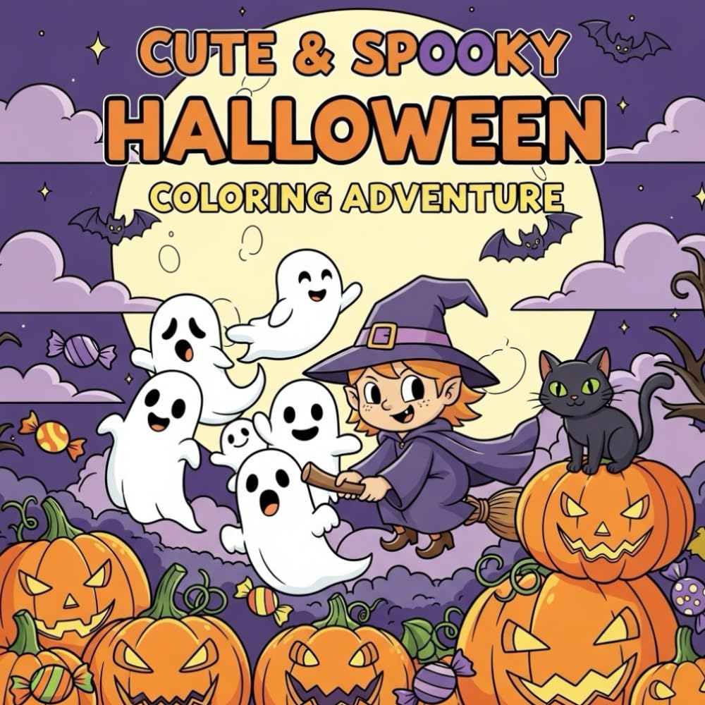 Cute and Spooky Halloween Coloring Adventure: 40 plus Fun pages of witches, ghosts, pumpkins, and monsters for kids ages 6-10.