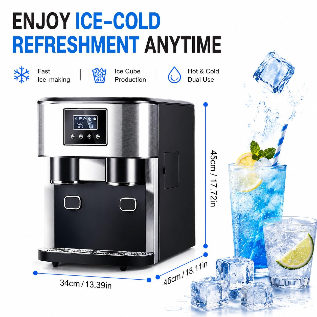 Máquina de hielo portátil para encimera, 40 libras/24 horas, rápida fabricación de hielo en 8 minutos, máquina compacta de cubitos de hielo con hielo triturado y agua fría para cocina, bar, fiesta