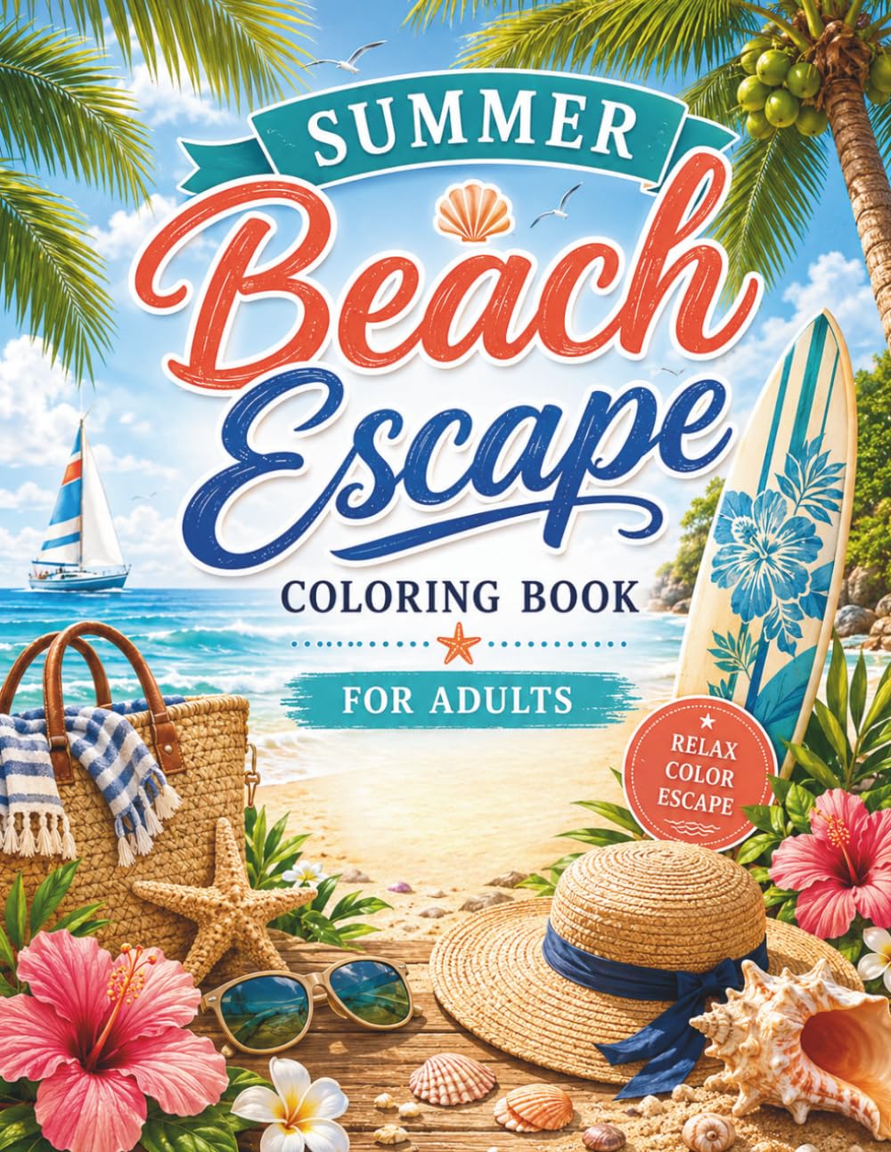 Summer Beach Escape Coloring Book for Adults: 50 Relaxing Coastal Scenes Featuring Tropical Getaways, Ocean Adventures, Seaside Retreats, Beach ... Treasures, and Stress-Relieving Coloring Fun