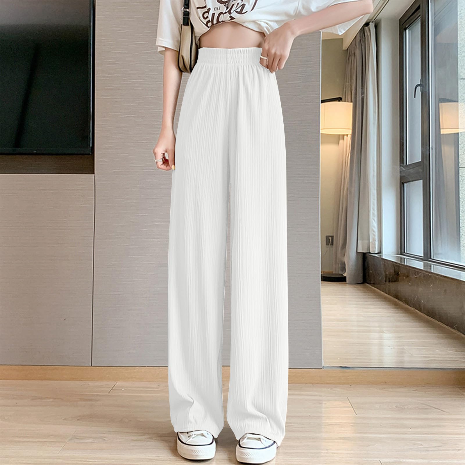Wide Leg Pants for Women Summer High Waist Elastic Loose Fit Ice Silk Lounge Trouser Flowy Straight Palazzo Pants(White,Large)