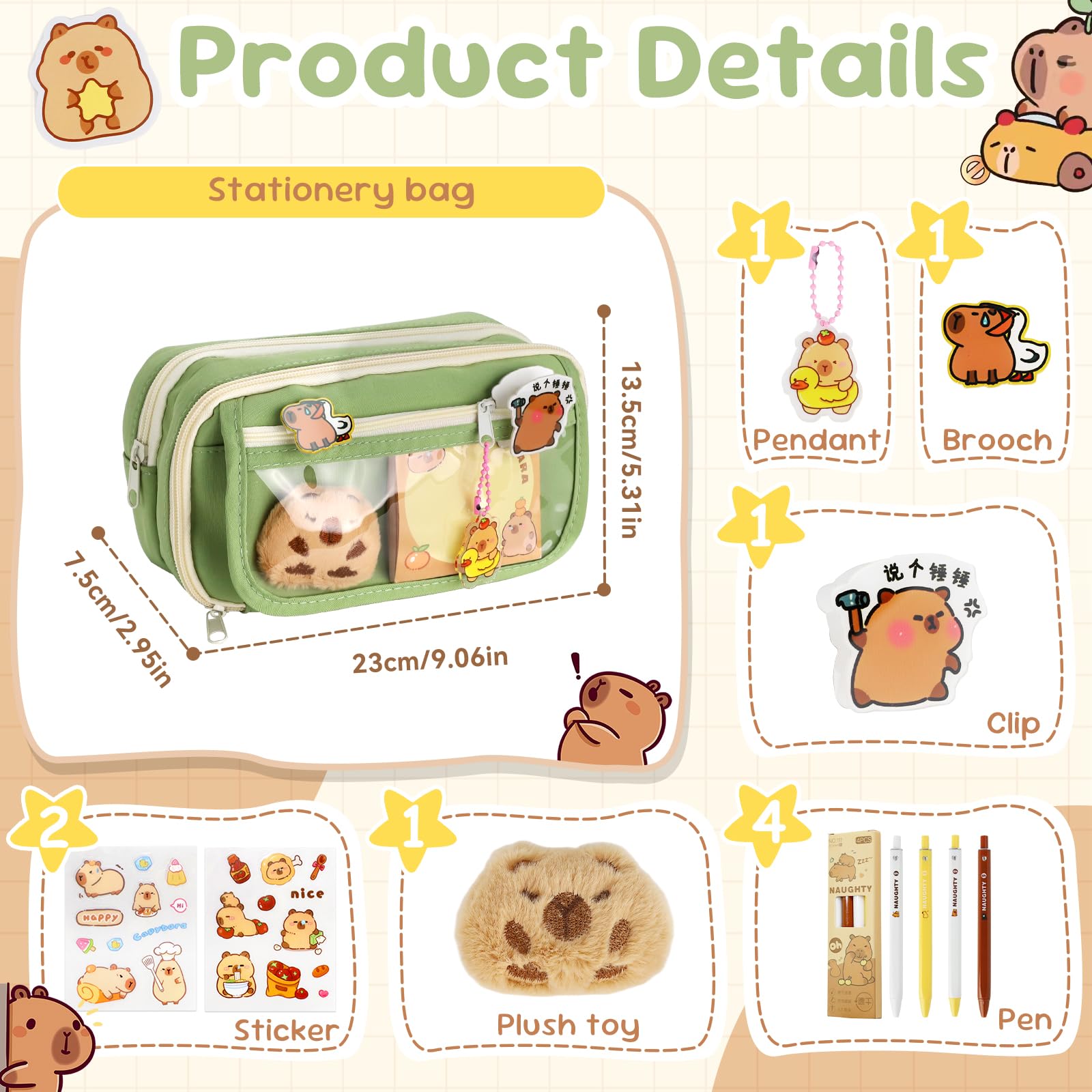 FYSL Federmäppchen mit Capybara Motiv, Großes Schlampermäppchen mit 9-Fach Organizer, Stiften, Stickern, Anhänger für Schule, College, Reisen, Capybara Geschenkset (Grün 9 Fach)