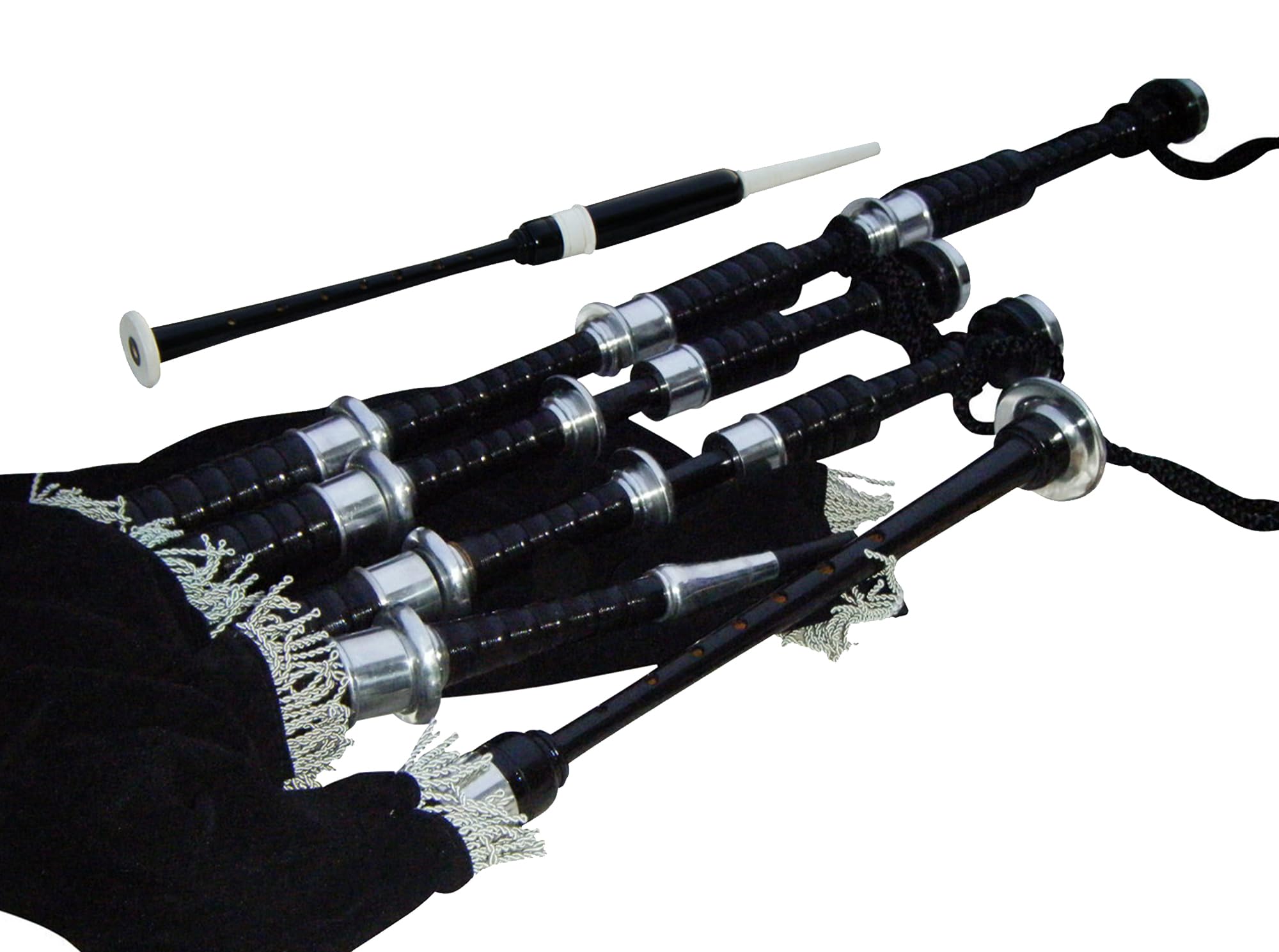 Cornamusa Great Highland in legno di cobolo sfumato nero con supporti in nichel argento e corda di copertura in velluto nero, per studenti, kit completo con guida per principianti, ance e