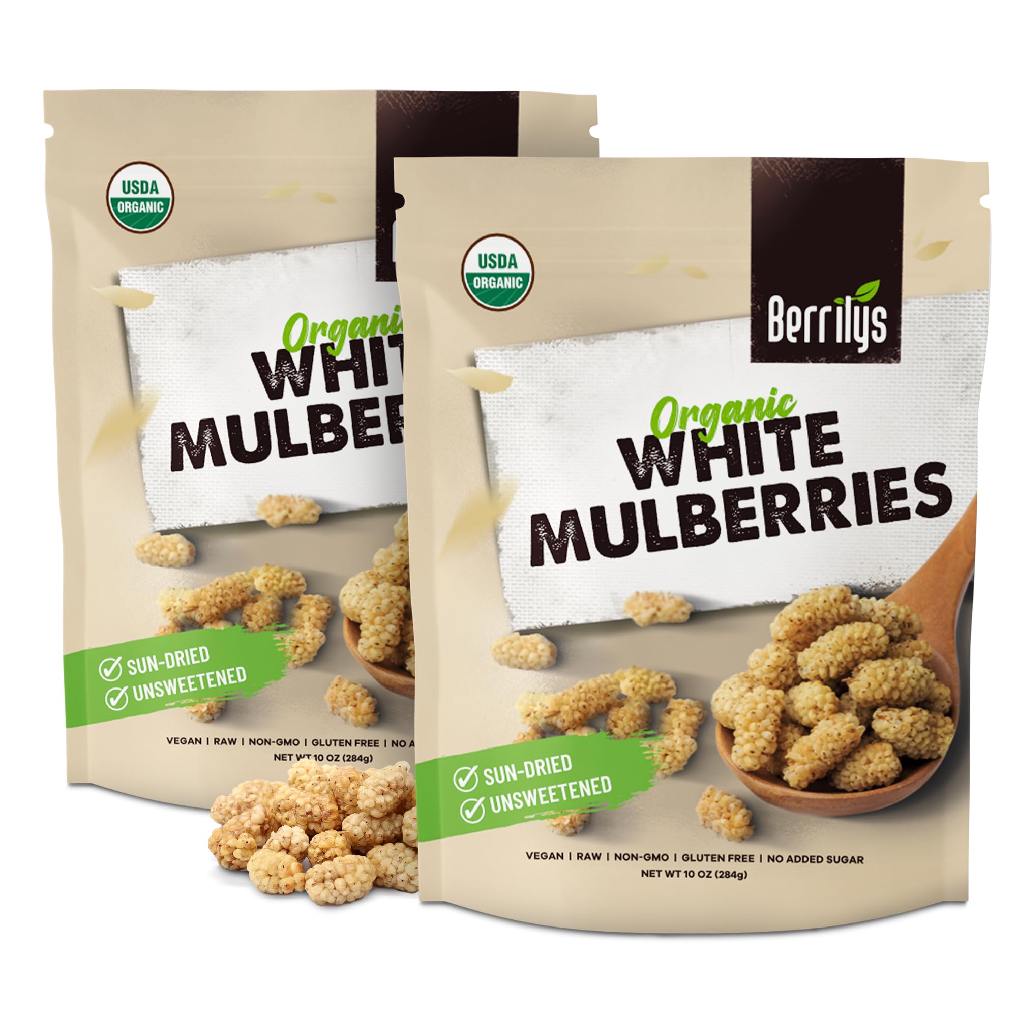 Berrilys Organic Dried White Mulberries, 2 Pack of 10oz, Unsweetened, Raw, Non-GMO, No gluten added, Plant-based, Great for Snacking, Baking and More.