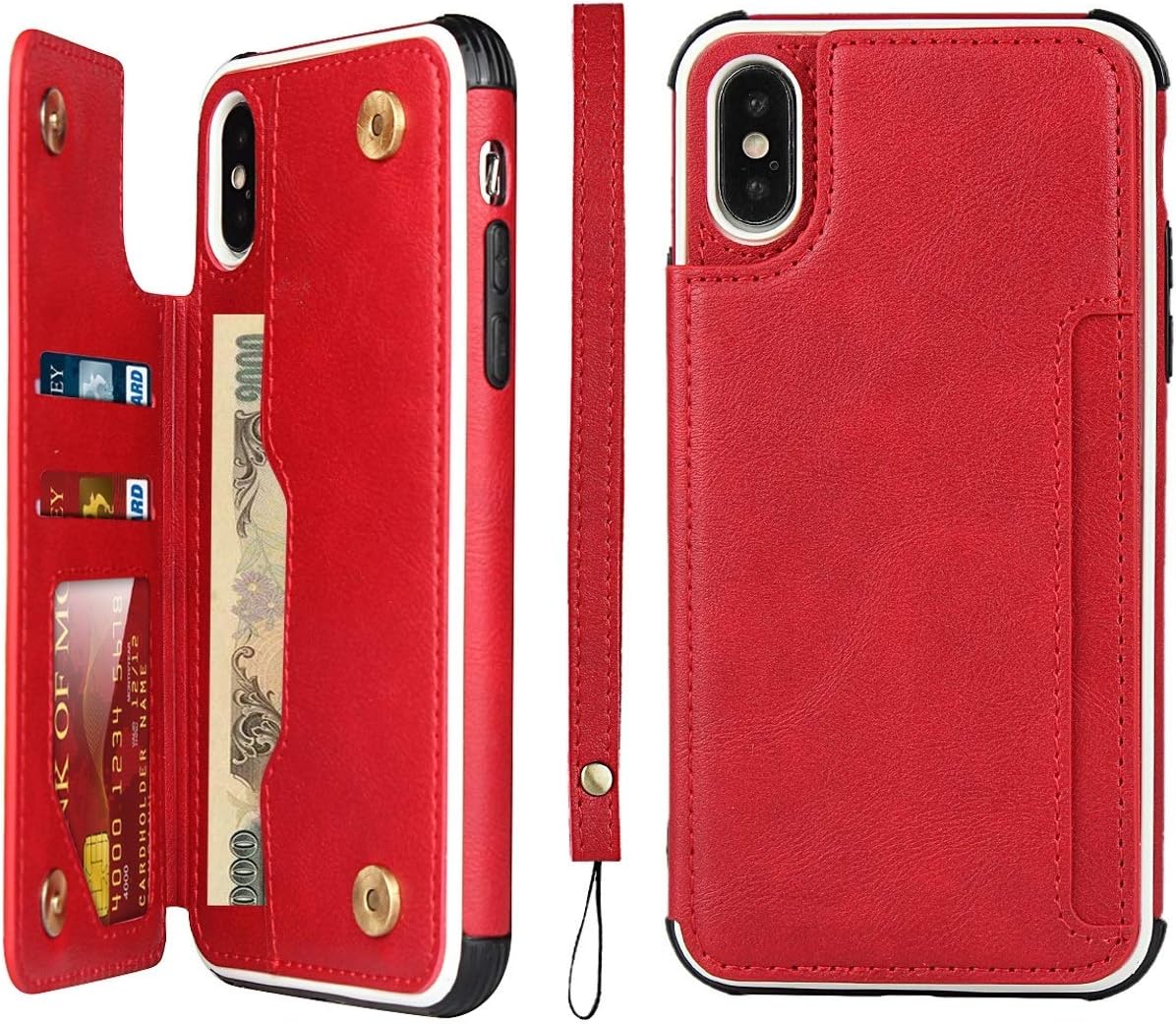 iCoverCase iPhone Xs Wallet Case, iPhone X Case with Card Slots Holder and Wrist Strap Premium PU Leather Kickstand Double Magnetic Clasp Shockproof Cover for iPhone X/XS 5.8 Inch (Red)