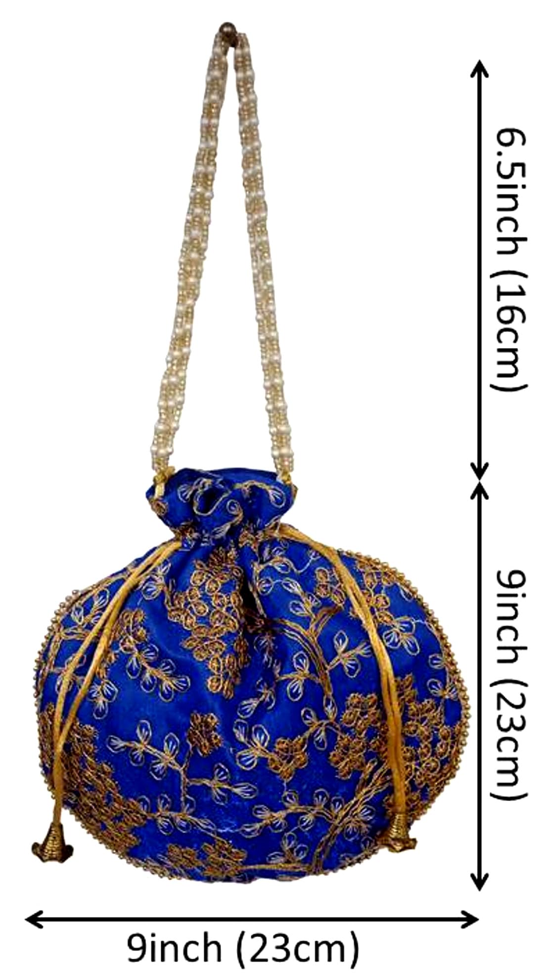 Purpledip Silk Potli Bag (Clutch, Drawstring Purse): Intricate Gold Thread & Sequin Embroidery Satchel For Women, Blue (12602D) - Image 5 thumbnail