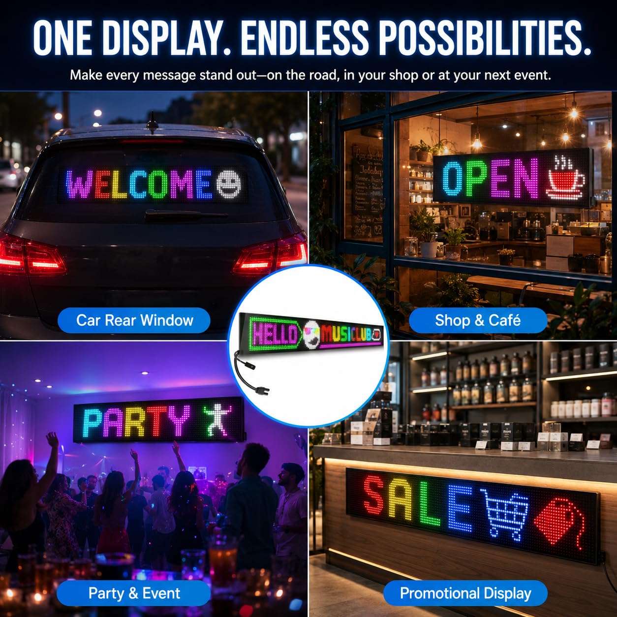 Pannello LED RGB programmabile 90 × 20 cm con app e telecomando | Grande schermo LED flessibile per mostrare testi, messaggi e animazioni in vetrine, negozi, camion ed eventi.