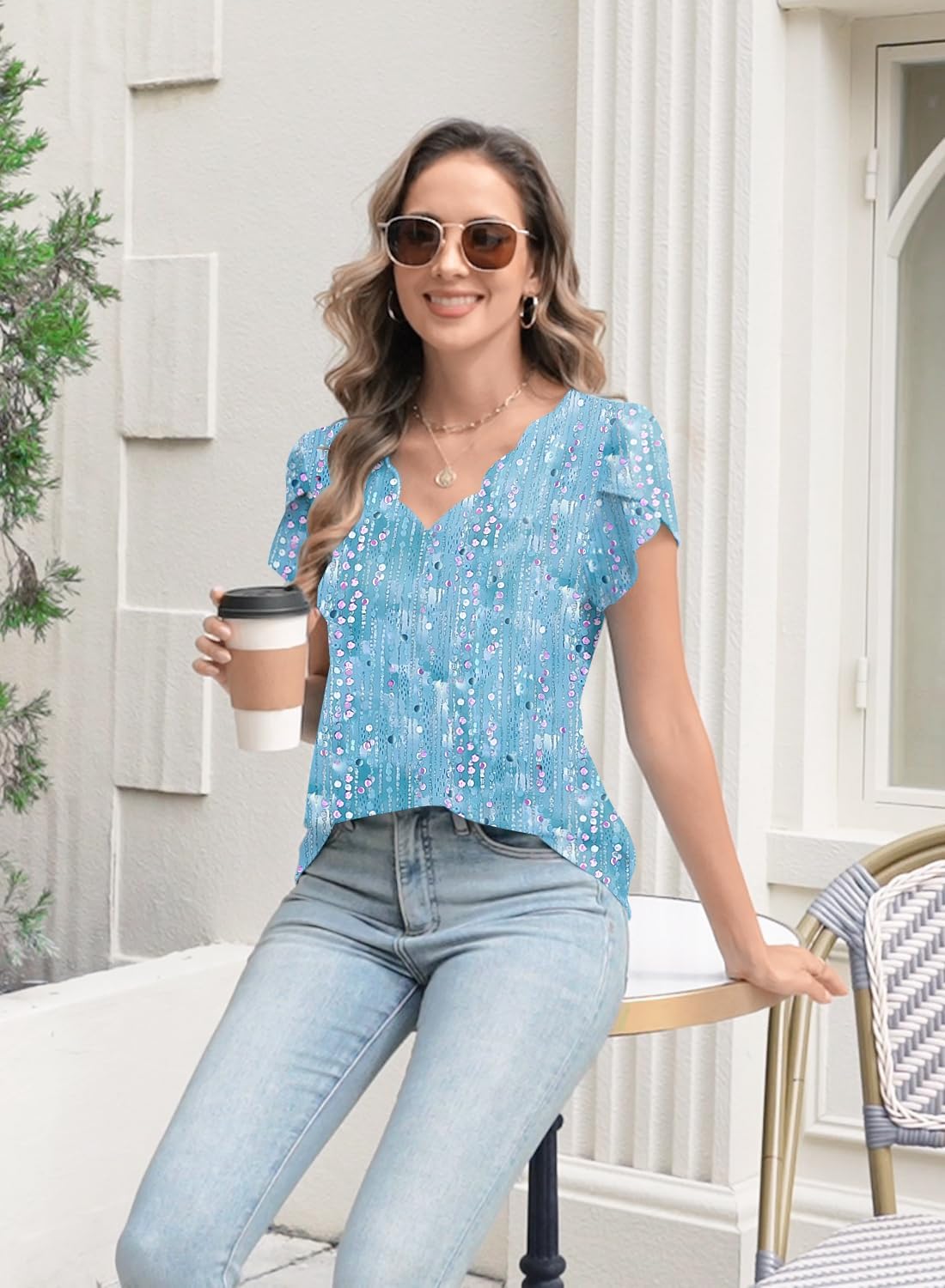 Womens Summer Tops Seashell Edge V Neck Shirts Petal Short Sleeve Top Dressy Casual Tunic Blouses - Image 3
