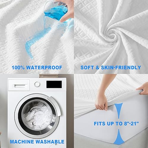 Miniatura 2 de BALEINE Protector de colchón impermeable, transpirable, tela de aire 3D refrescante, suave, lavable, con bolsillo profundo de 8 a 21 pulgadas