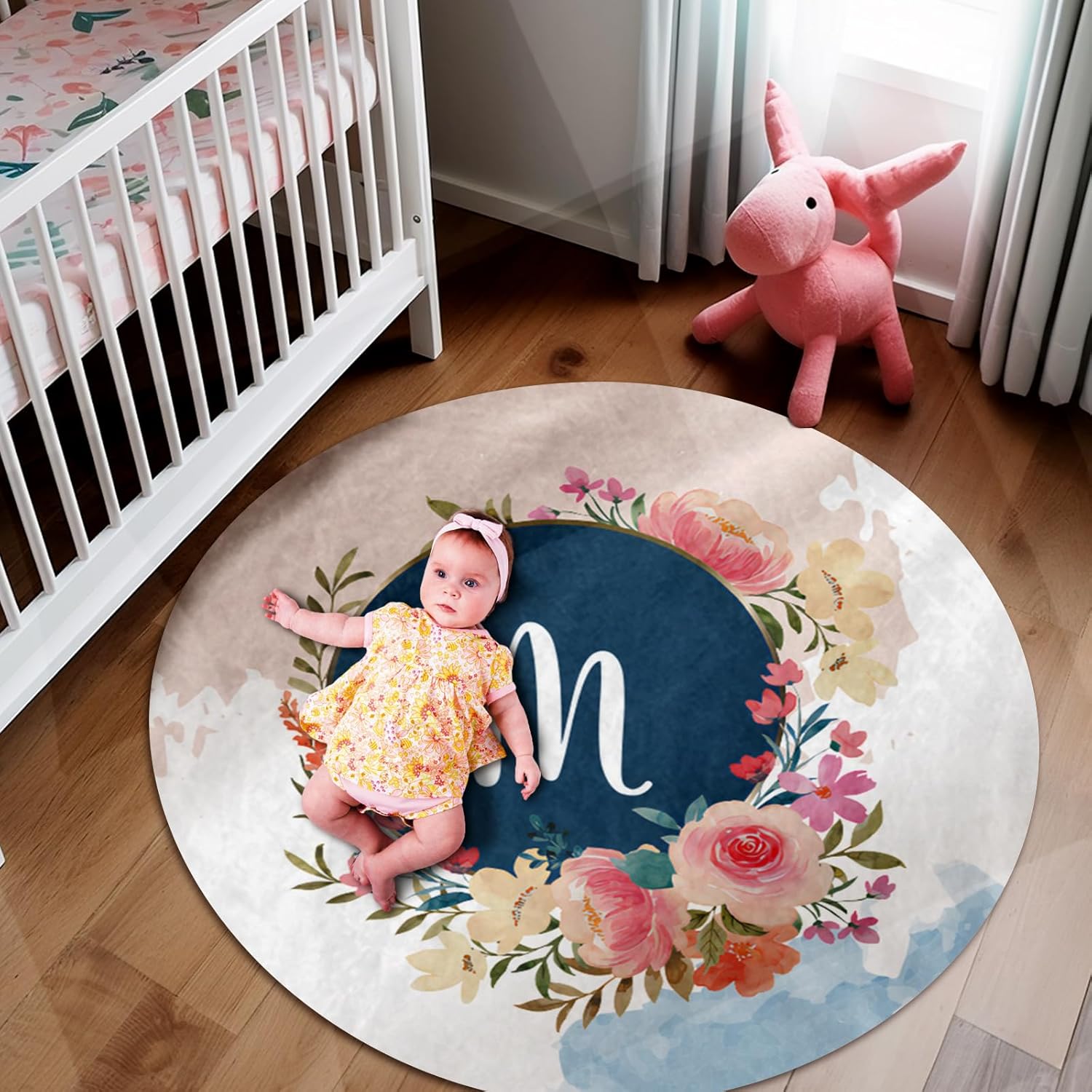 Custom Name Baby Rug - Nursery Mat for Baby Boys & Girls - Tummy Time & Crawling Mat - Round Rug - Blue (39.37"X39.37")