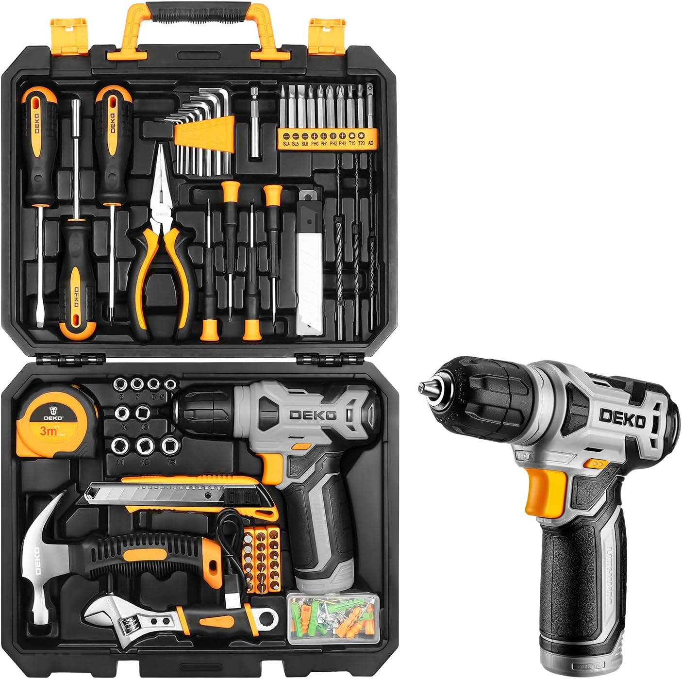 DEKO Caisse a Outil Avec Perceuse Visseuse Multifonction Sans Fil 8V, 126 Pièces Malette Outils complete, Ensemble d'Outils avec Perceusepour Réparation, Entretien et Travail