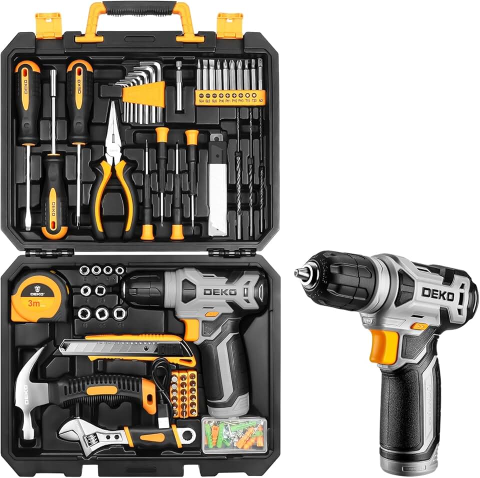 DEKO Caisse a Outil Avec Perceuse Visseuse Multifonction Sans Fil 8V, 126 Pièces Malette Outils complete, Ensemble d'Outils avec Perceusepour Réparation, Entretien et Travail