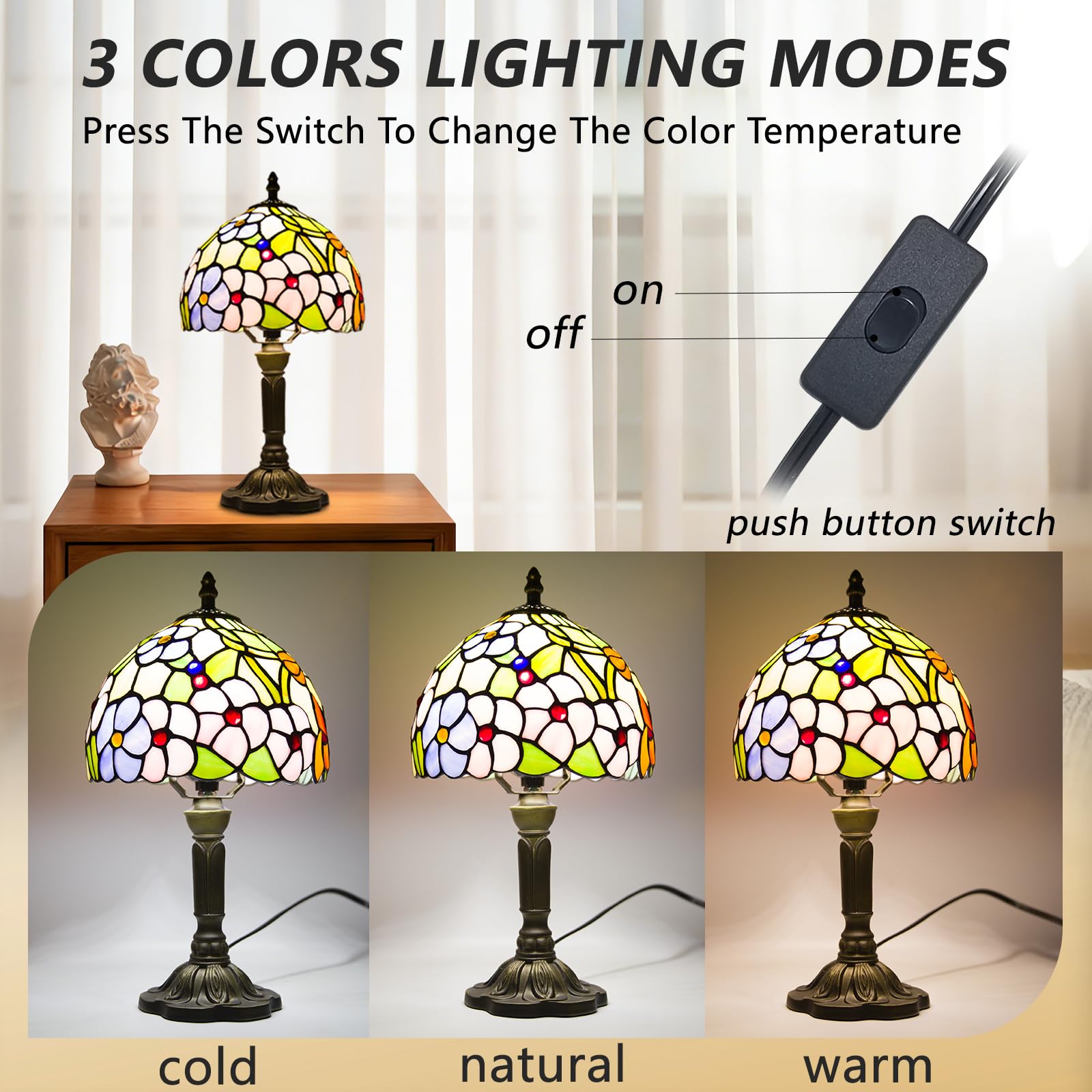 Ppbmocw Small Tiffany Table Lamp, 3 Color Temperature, 8 Inch Antique Stained Gl - product photo