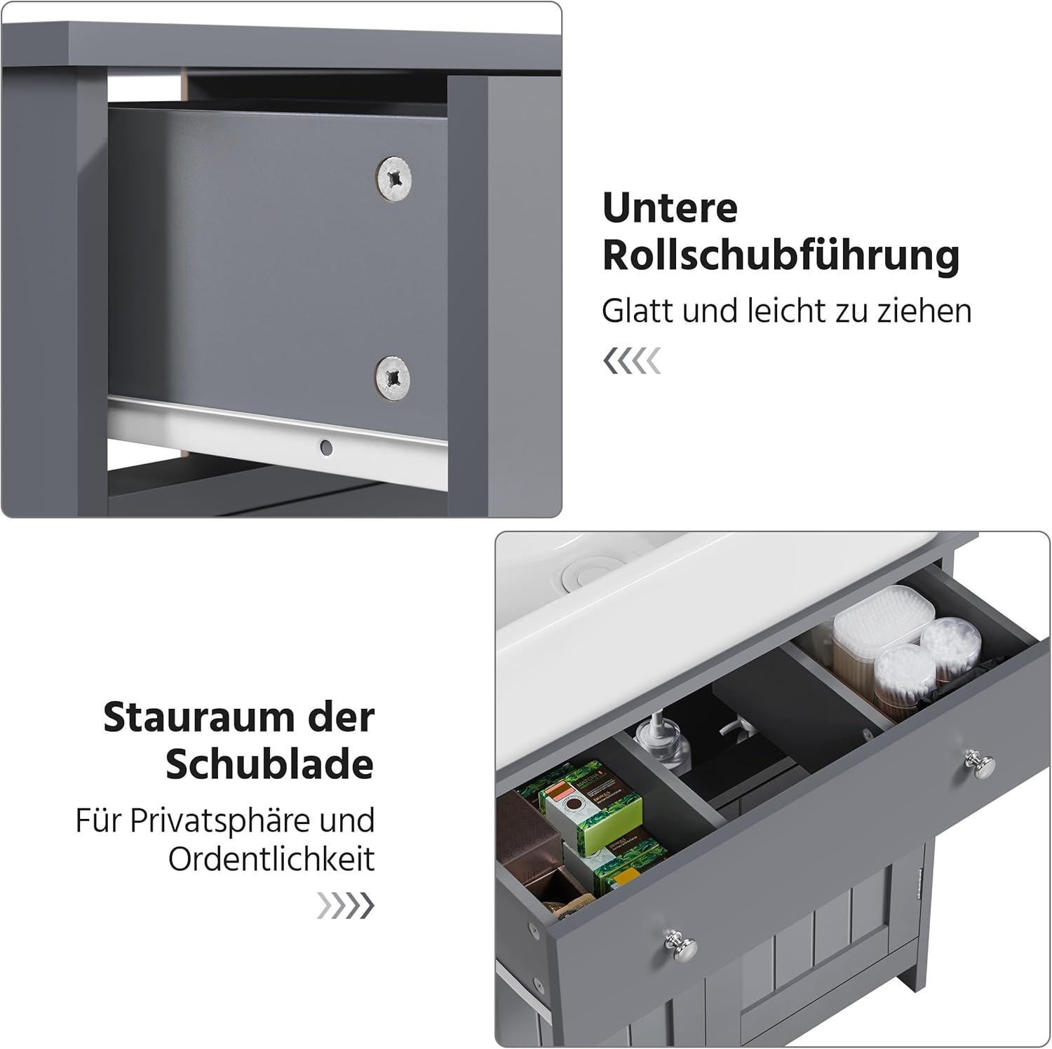 Close-up of the Yaheetech Vanity Unit drawer interior, showing organized storage.