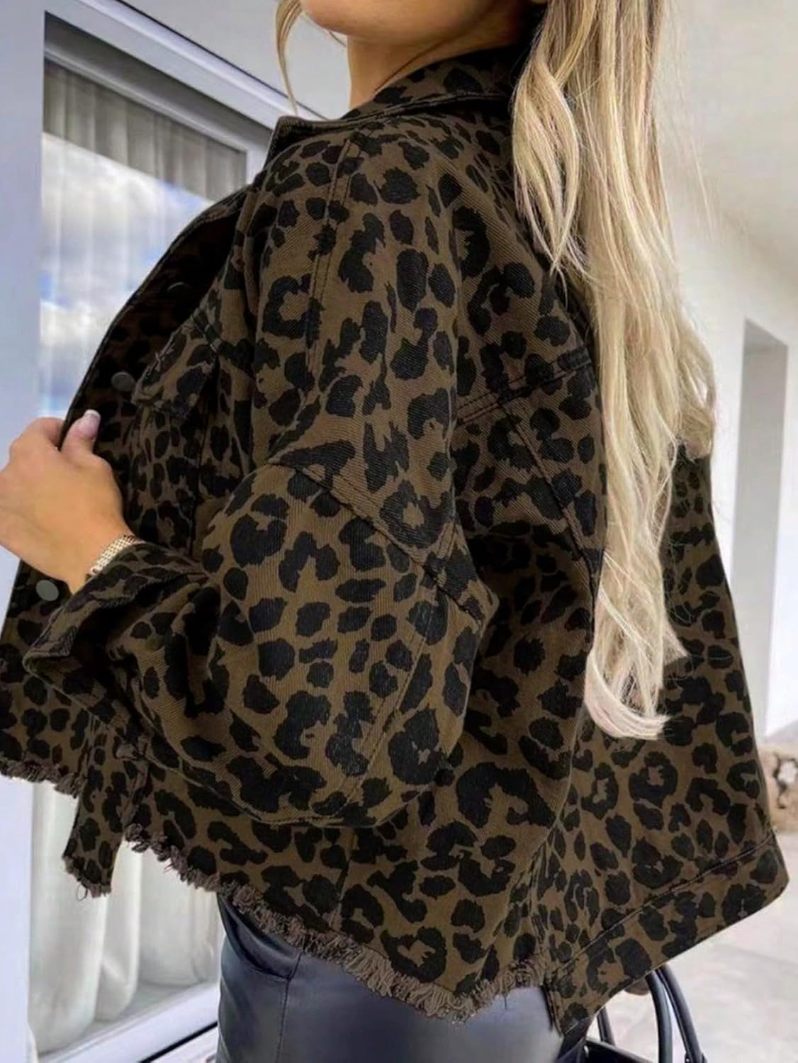 Women's Leopard print Denim Jackets Cropped Jean Jacket Long Sleeve Casual Button Down Boyfriend Jean Jacket - Image 2