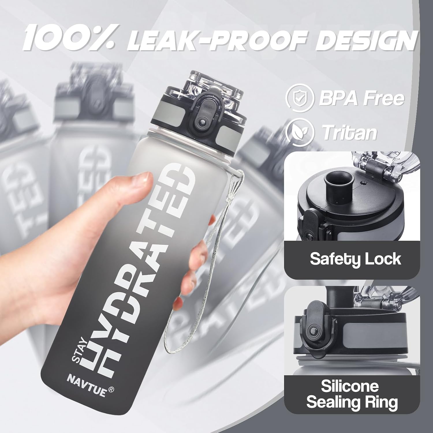 Water Bottle with Carrier Bag, 32 oz Sports Water Bottles with Time Marker Wide Mouth, Motivational and Leakproof Drink Bottle, BPA Free Tritan with Carry Strap for Gym Fitness Outdoor - Image 6