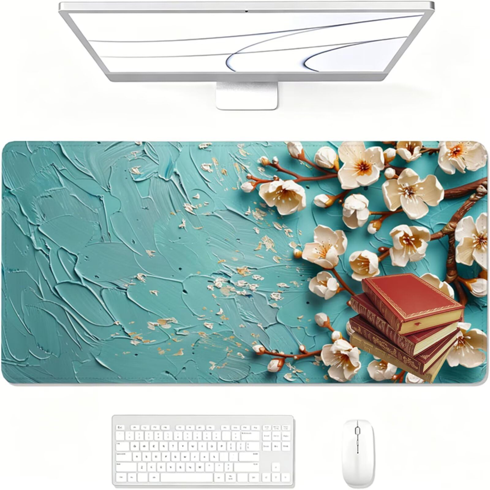 Duża gamingowa podkładka pod mysz 140 x 60 cm, podkładka pod mysz z przeszytymi krawędziami, niebieska podkładka pod mysz z antypoślizgową gumową podstawą i wodoodporną powierzchnią, wygodna kwiatowa