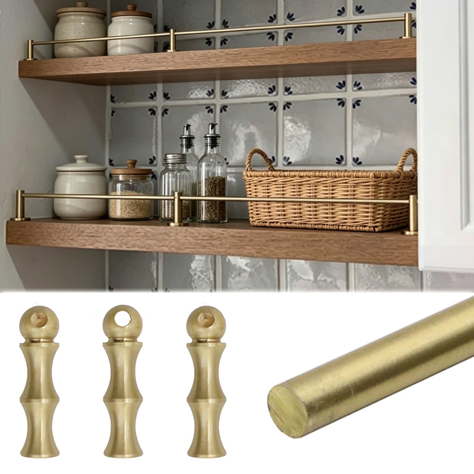 ERRULAN Brass Shelf Rails for Shelves, Round Tube Barrier Decorative Rod Guard Fence, Minimalist Gallery Railing Enclosure, Protects Against Falls(Style C,32in/81.3cm)