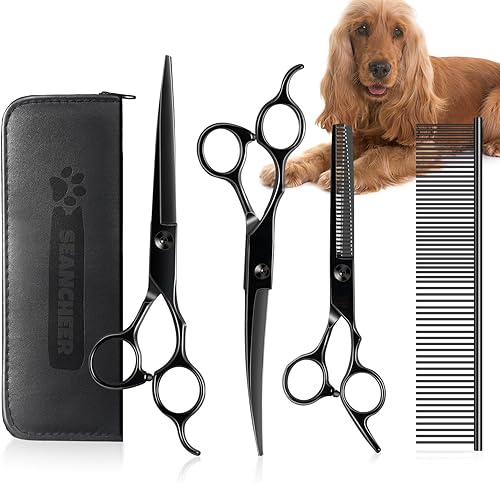Kit de tijeras de aseo para perros 5 en 1, 7 pulgadas de largo profesional 4CR kit de aseo para mascotas, resistente inoxidable, afilado y duradero,