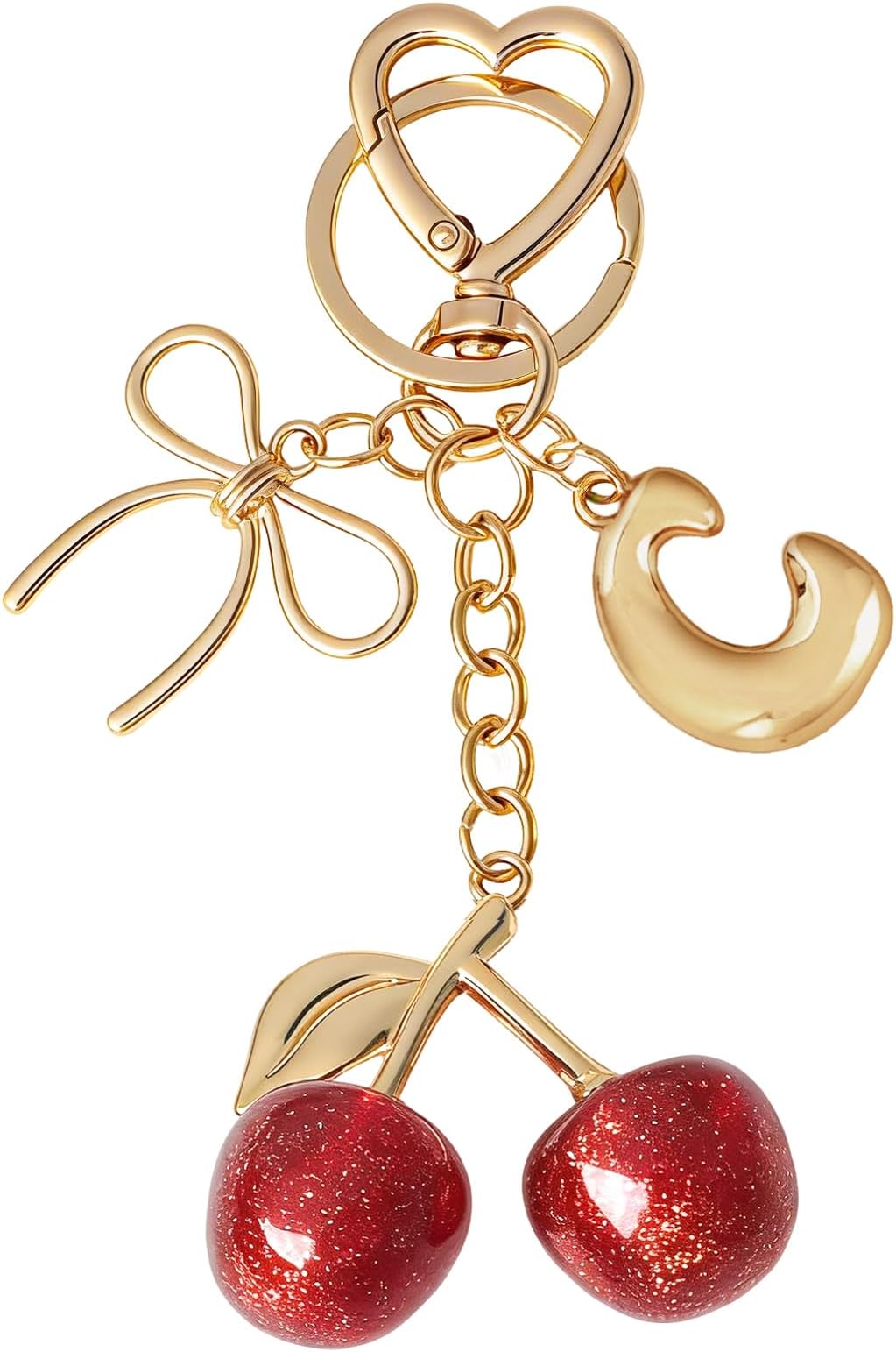 Bubble Initial Keychain with Cherry & Bow - Gold Silver Letter Bag Charms for Women, Cute Purse Handbag Accessories