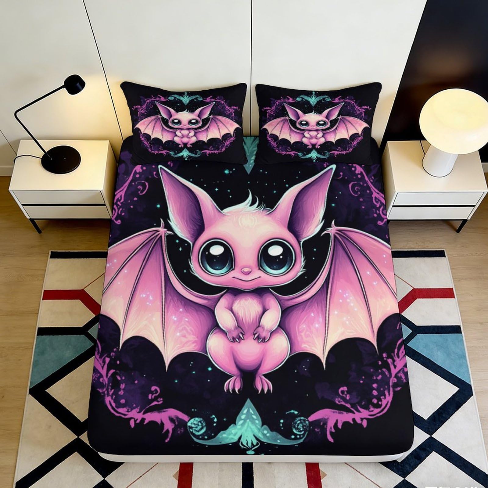 Qjzxknhpgr Style-8 3D Printed Cute Pink Bat Fitted Sheet Microfiber Soft Bedroom Decor Gothic Fantasy Bed Cover 90X200x25cm