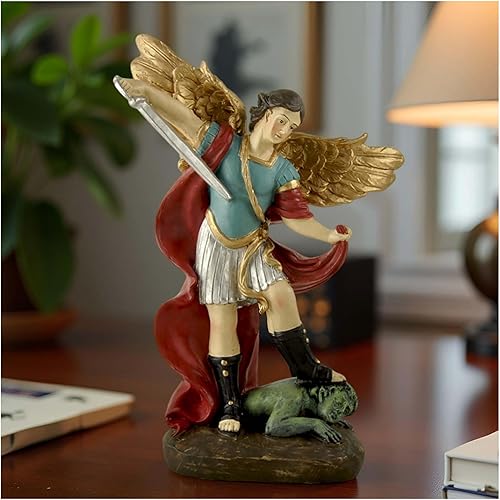 Miniatura 7 de Estatua de San Miguel Arcángel – Figura de resina con acabado de bronce de 5.32 pulgadas, ángel guerrero católico derrotando el mal, decoración