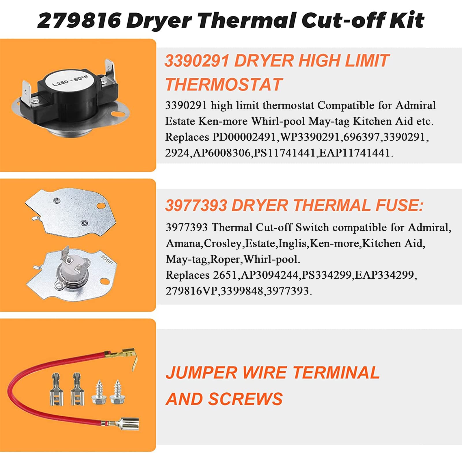 279838 Element grzewczy suszarki 279816 Blutoget-Fit Zestaw bezpieczników termicznych do Whirlpool Cabrio Kenmore Maytag Amana element grzewczy 4531017 zastępuje 279837 AP3094254