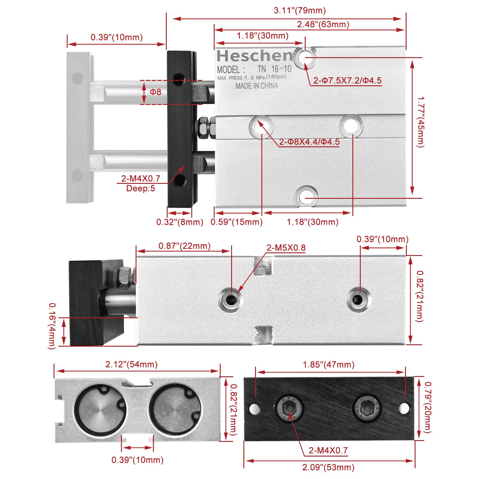 Heschen Cilindro neumático TN16-10 TDA16-10 doble efecto aluminio 16 mm 10 mm imán